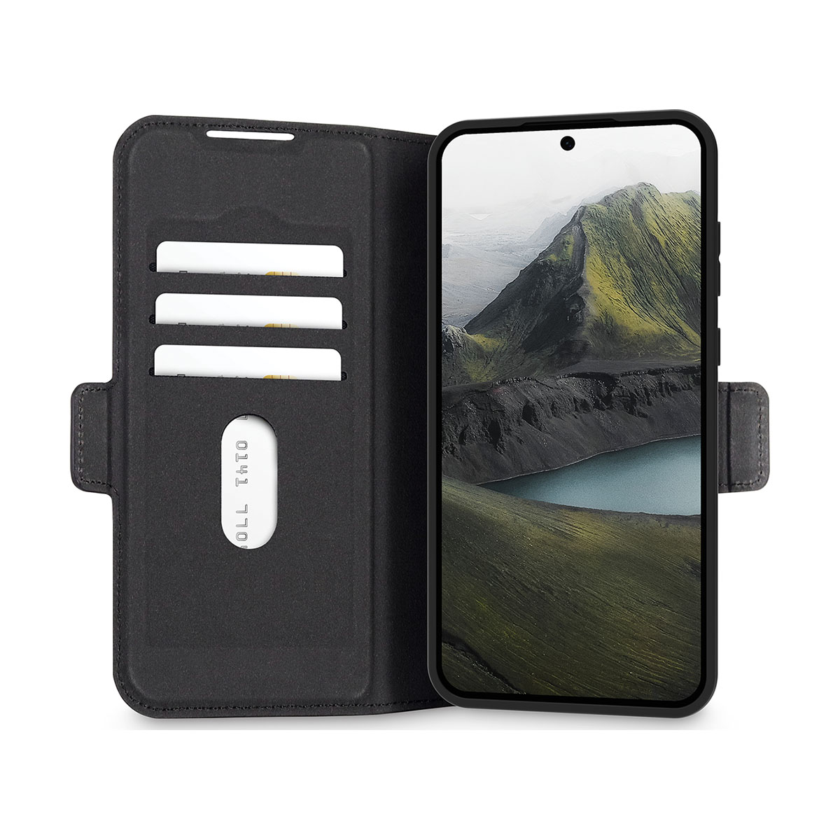 Custodia per telefono nera aperta, che mostra il telefono con un paesaggio e scomparti per carte.