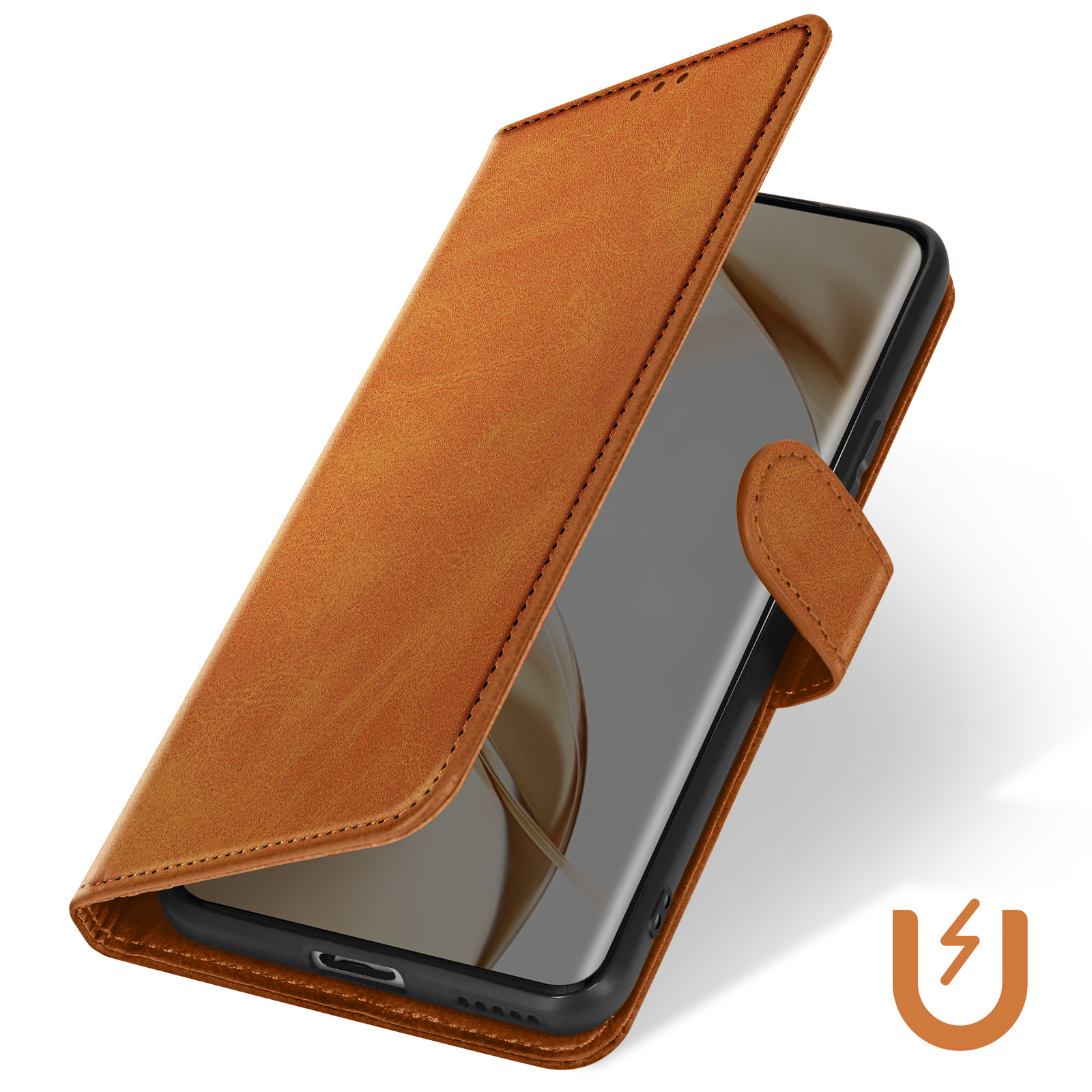 Braune Handyhülle, offen, zeigt das Telefon. Es hat einen Magnetverschluss und ein Logo.