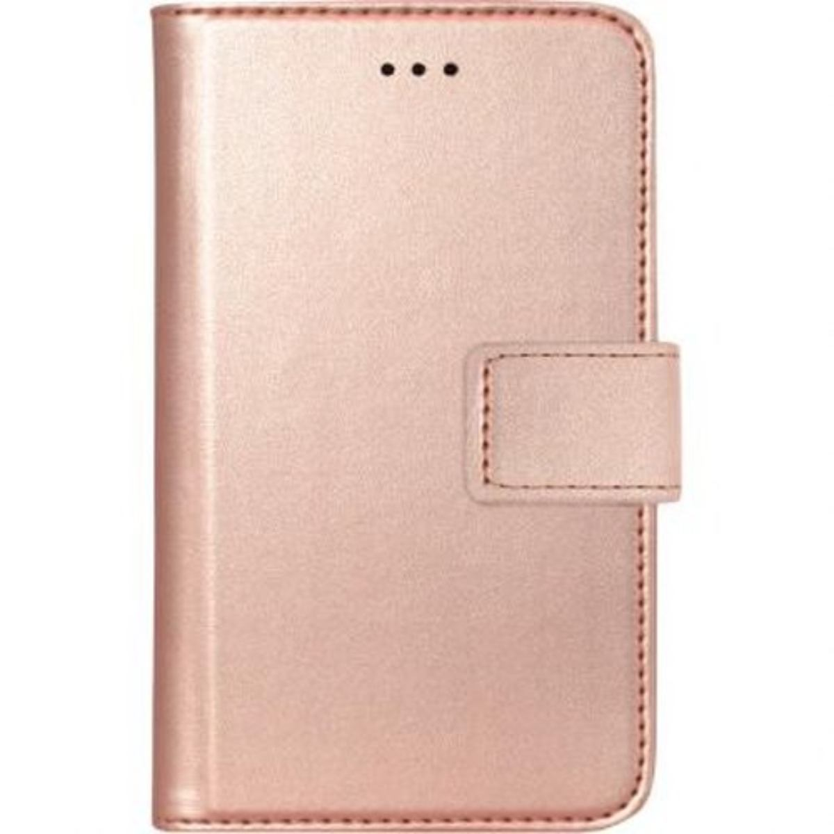 Custodia per telefono oro rosa, chiusa, con chiusura. Ha tre fori nella parte superiore e bordi cuciti.