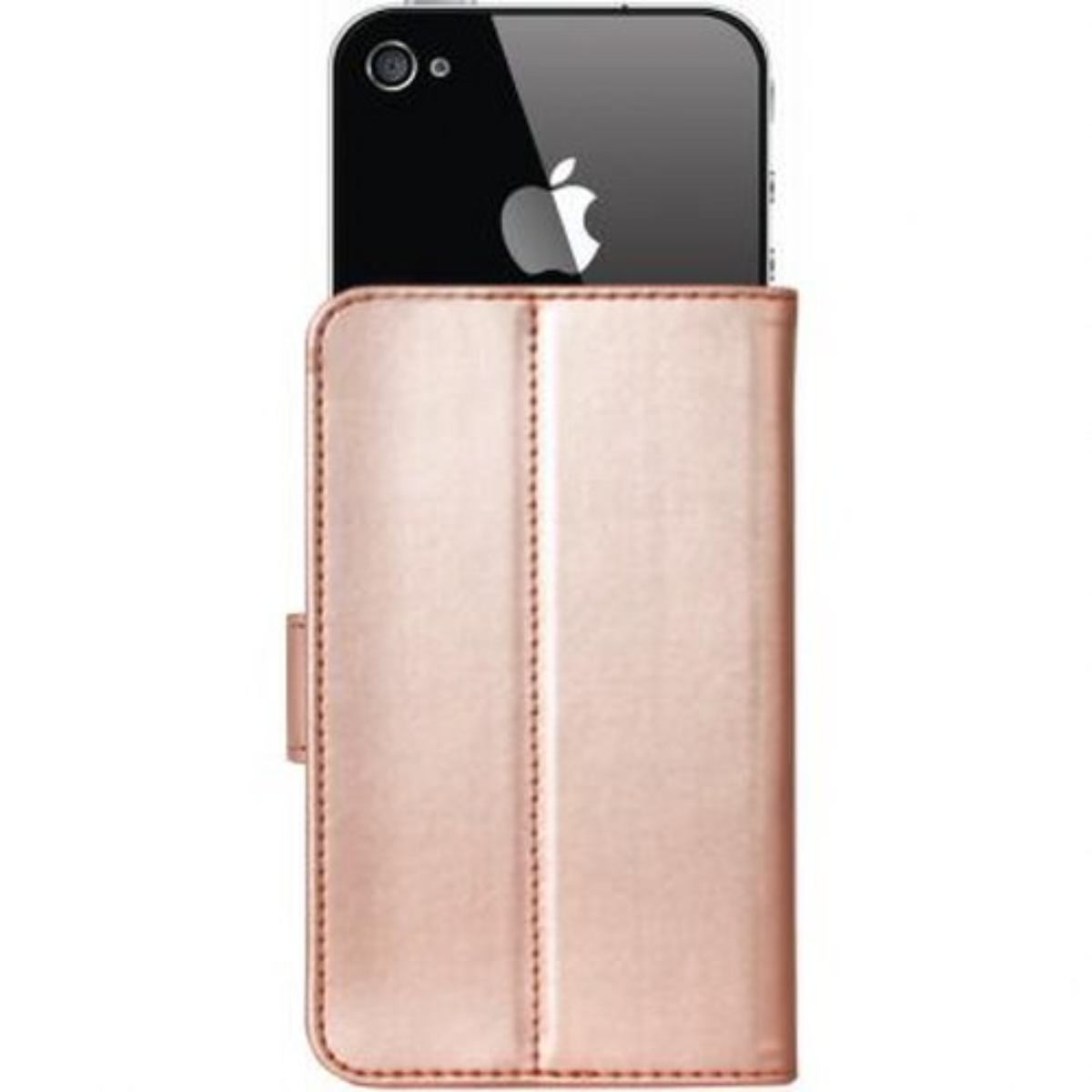 Una custodia rosa per telefono con un telefono all'interno, il logo Apple visibile.