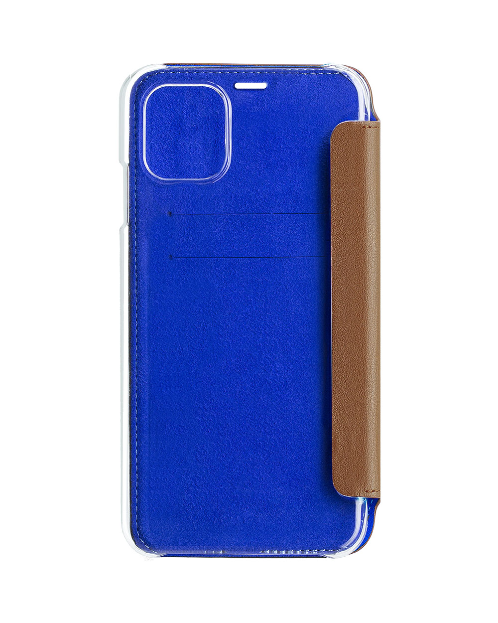 Custodia blu per telefono con un lato marrone, su sfondo bianco. La custodia è aperta.