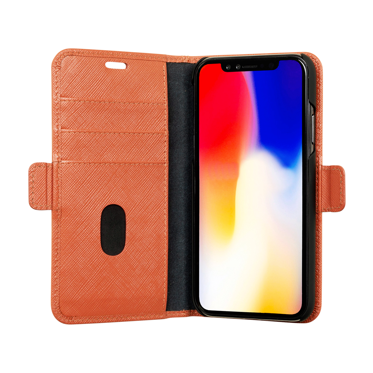Custodia per telefono arancione, aperta per rivelare il telefono. Il telefono è colorato. La custodia ha fessure per carte.