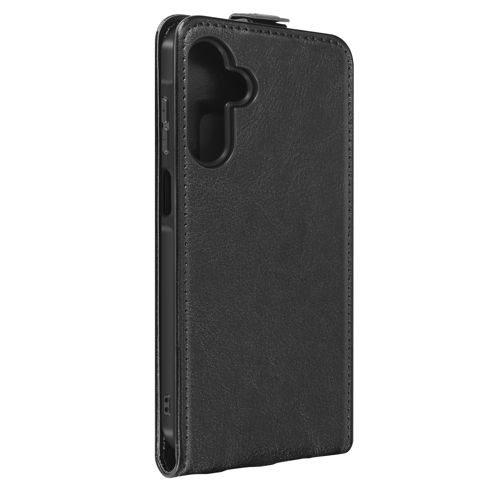 Custodia per telefono nera, aperta, con pulsanti laterali visibili. La custodia è in materiale nero strutturato.