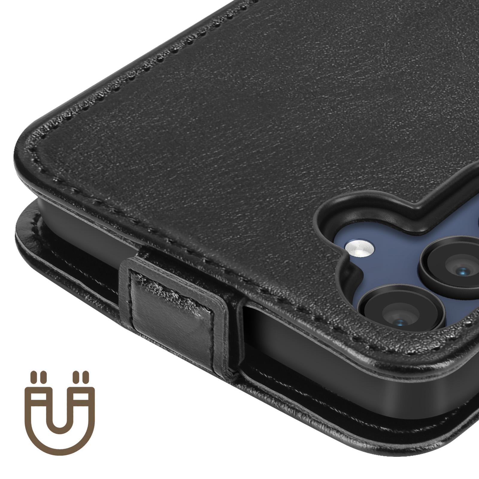 Custodia per telefono in pelle nera con chiusura magnetica. Logo a forma di U visibile.
