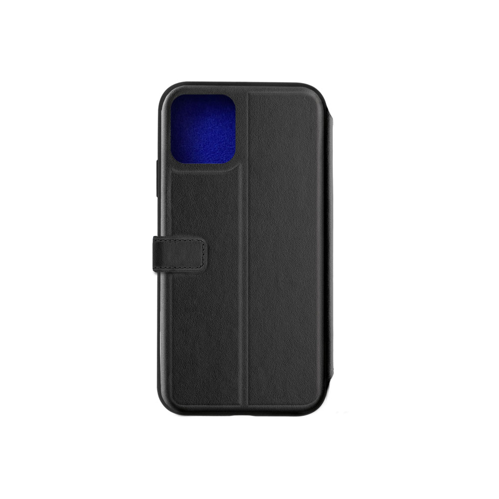 Una custodia per telefono nera chiusa con chiusura magnetica. L'interno è blu.