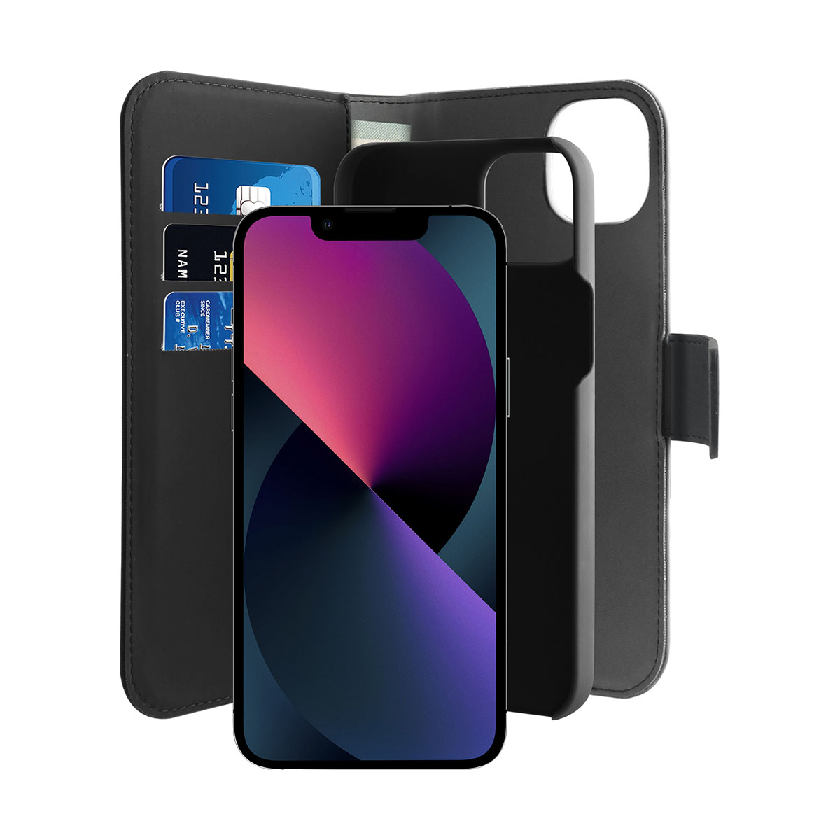 Uno smartphone e due carte di credito in una custodia nera. Lo schermo del telefono è visibile e mostra un'immagine viola.