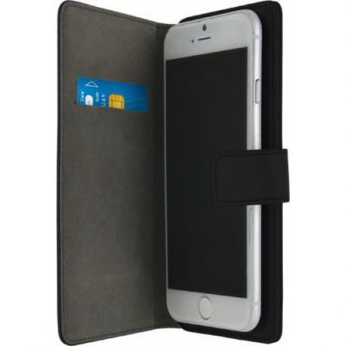 Telefono in una custodia grigio scuro con carta di credito in uno slot. La custodia è aperta.
