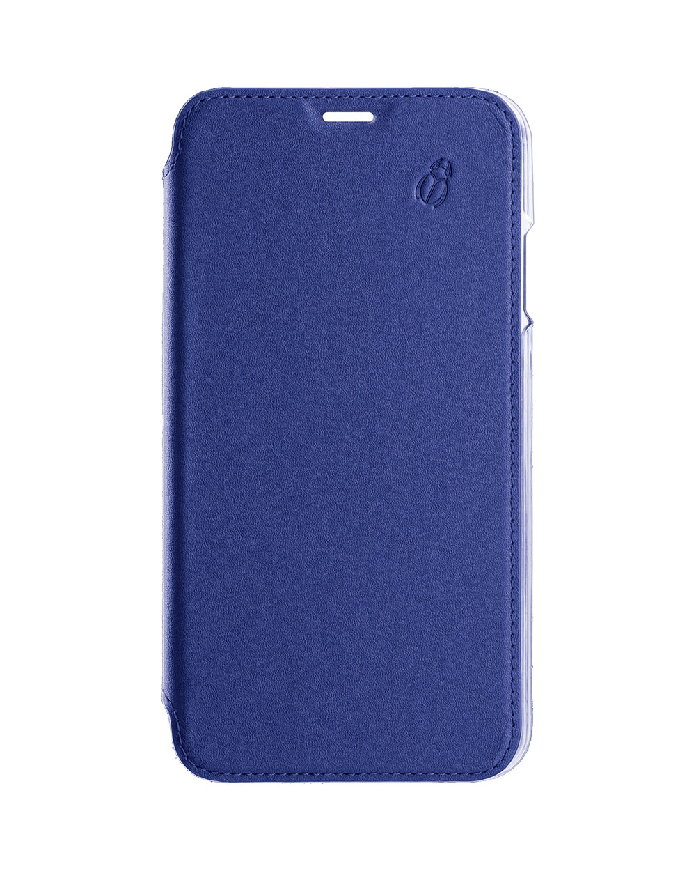 Custodia blu per telefono, chiusa, con un piccolo logo sul davanti.