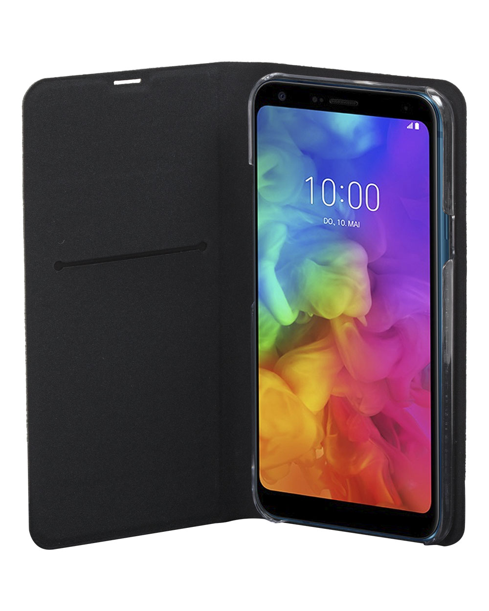 Custodia per telefono nera aperta, che mostra uno schermo del telefono con uno sfondo colorato e l'ora.