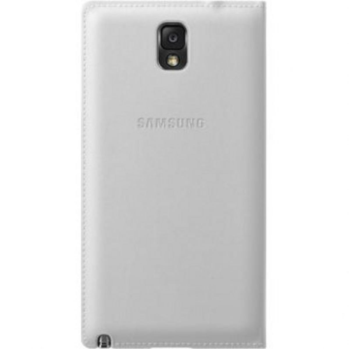 Eine weiße Handyhülle, offen mit einem Telefon darin. Auf der Rückseite des Telefons befindet sich ein Samsung-Logo.