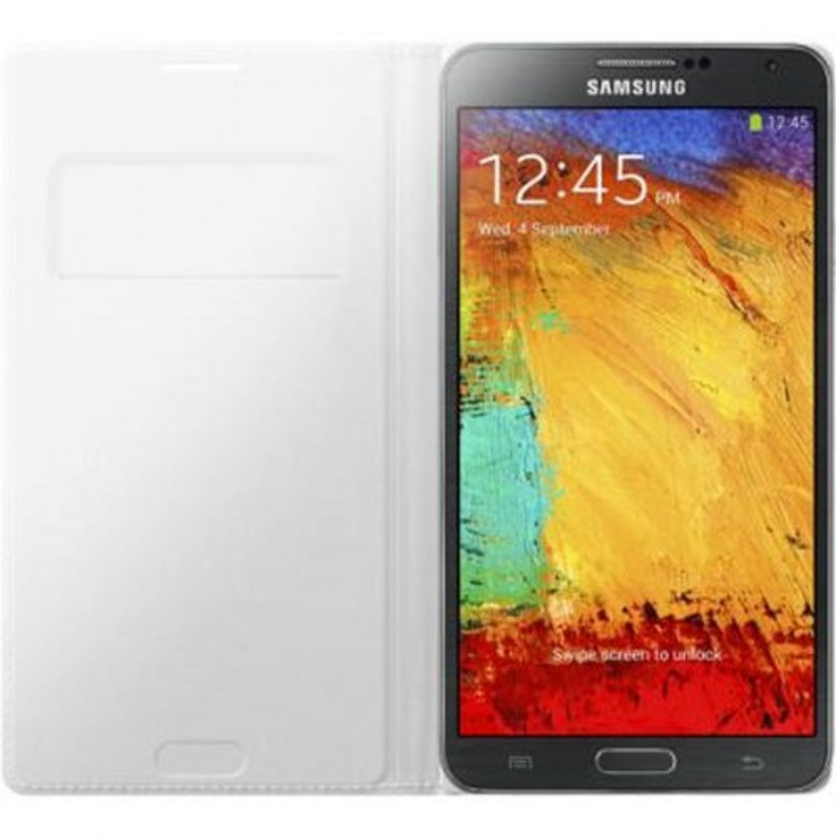 Samsung-Telefon in weißem Case. Das Telefon zeigt ein farbenfrohes abstraktes Bild.