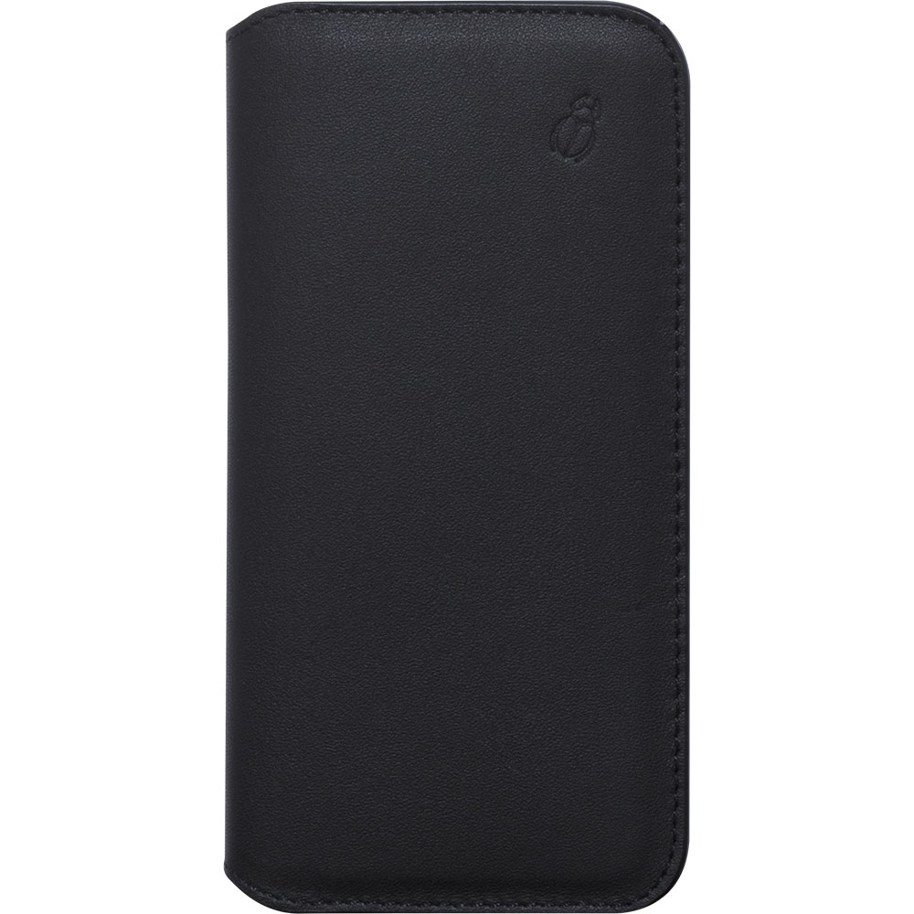 Custodia per telefono nera, chiusa, design semplice con logo in alto.