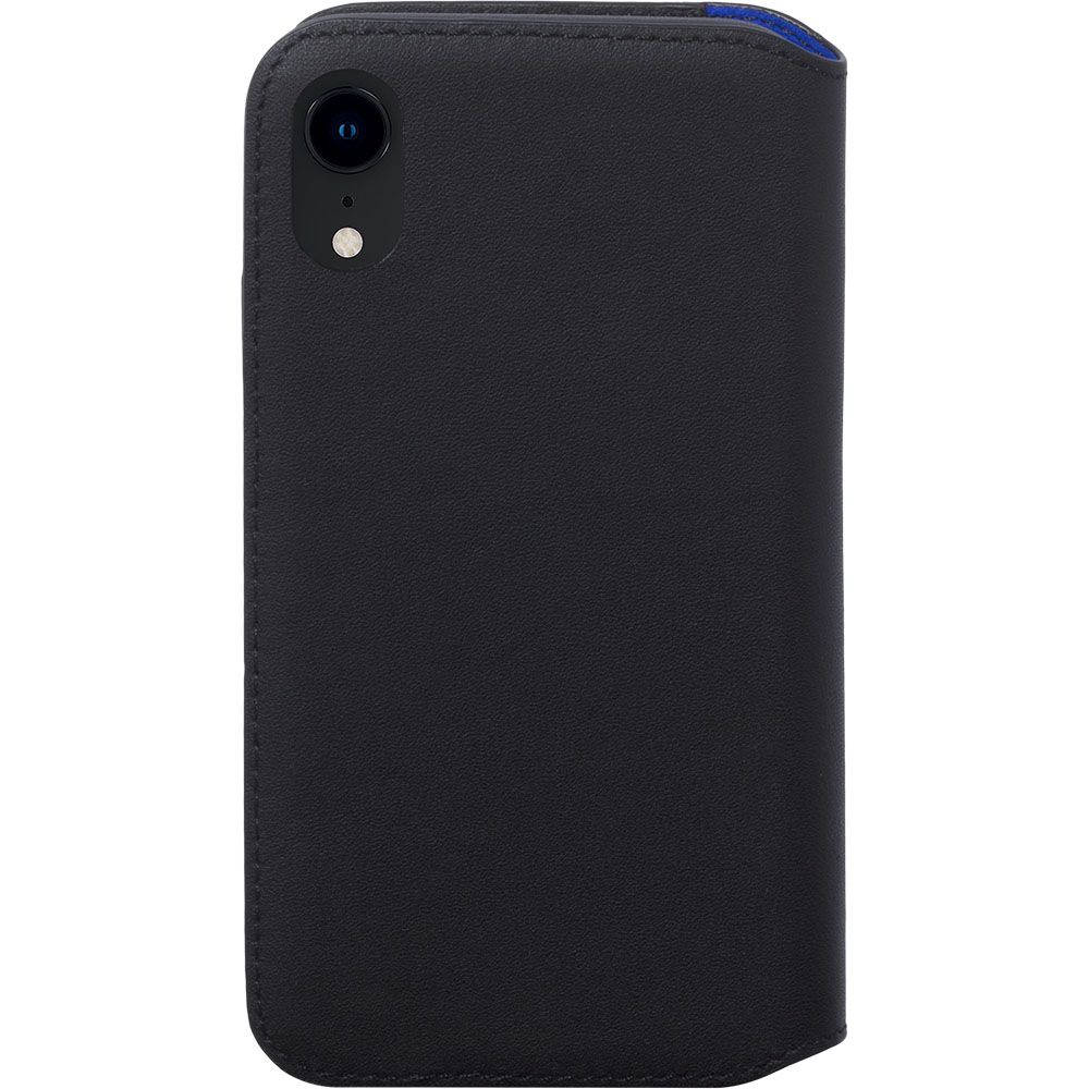 Custodia per telefono nera con una singola fotocamera, interno blu.