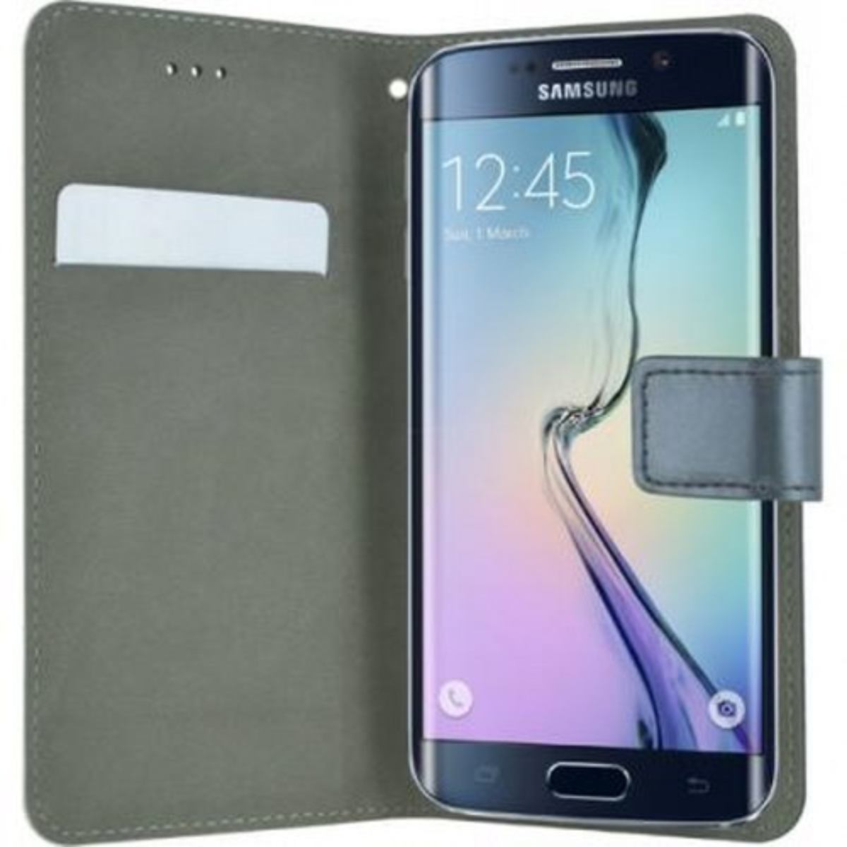 Una custodia grigia per telefono è aperta, rivelando un telefono Samsung che mostra l'ora. C'è una carta nella custodia.