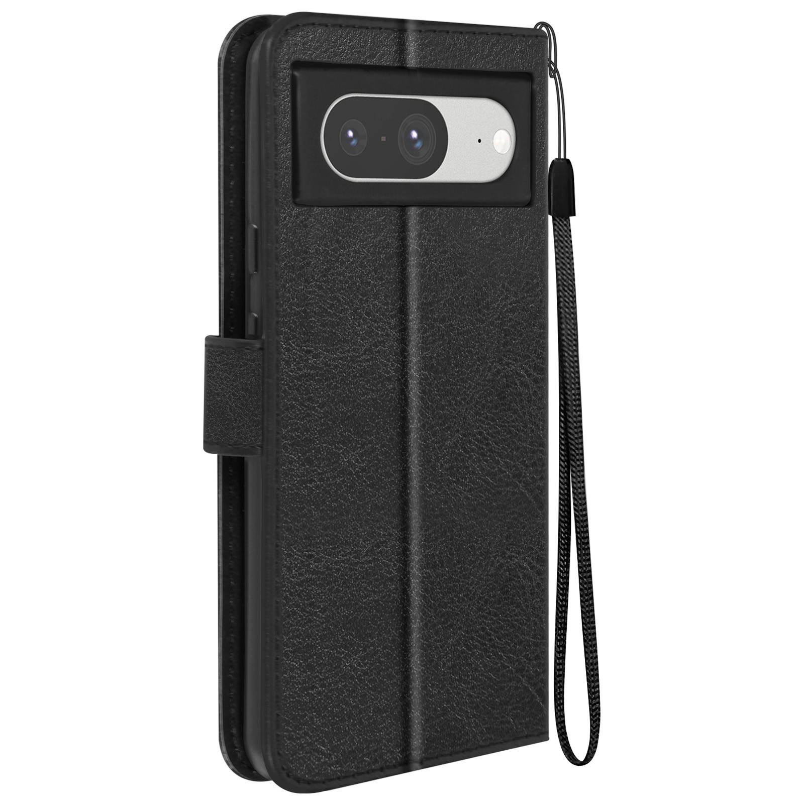 Custodia per telefono nera, texture in pelle, aperta che mostra il telefono con fotocamera e cinturino.
