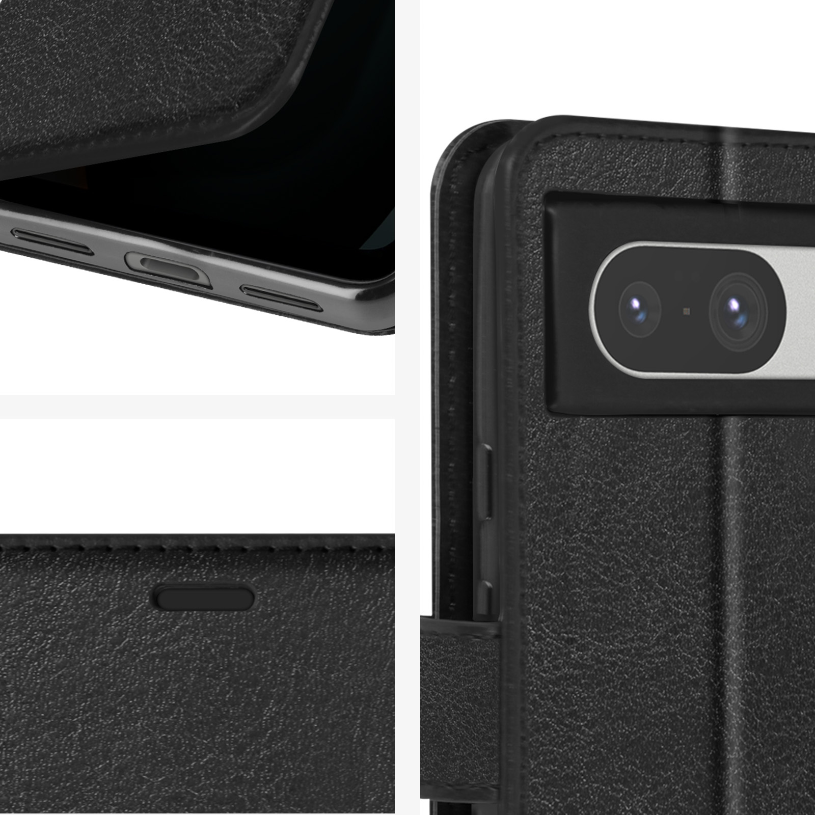 Custodia per telefono in pelle nera con telefono e dettagli di pulsanti e fotocamere.