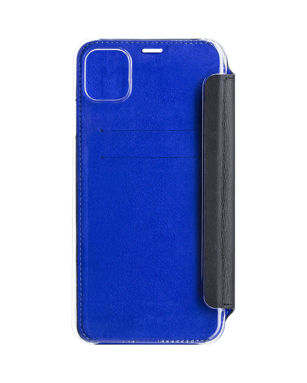 Custodia per telefono blu con un lato nero. Un telefono è all'interno.