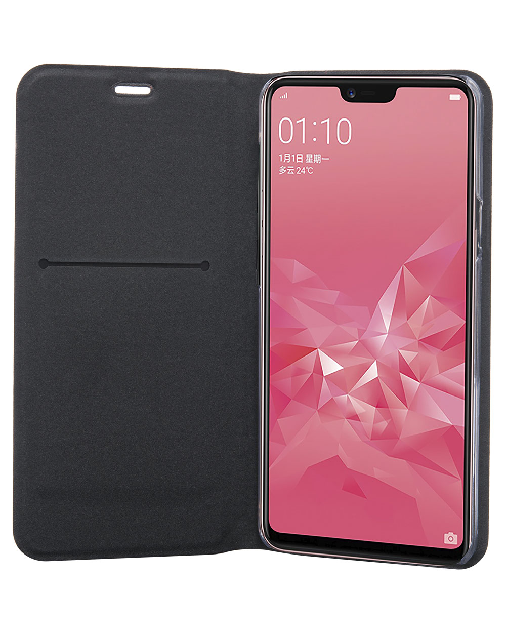 Custodia nera per telefono con un telefono che mostra uno schermo rosa.