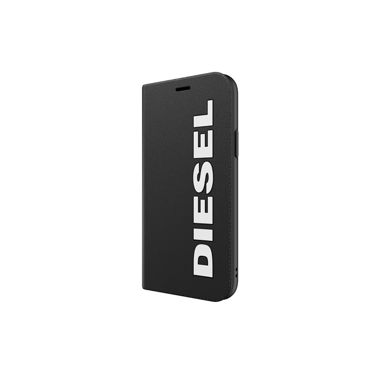 Custodia per telefono nera, chiusa. Testo bianco: DIESEL. Sfondo bianco.