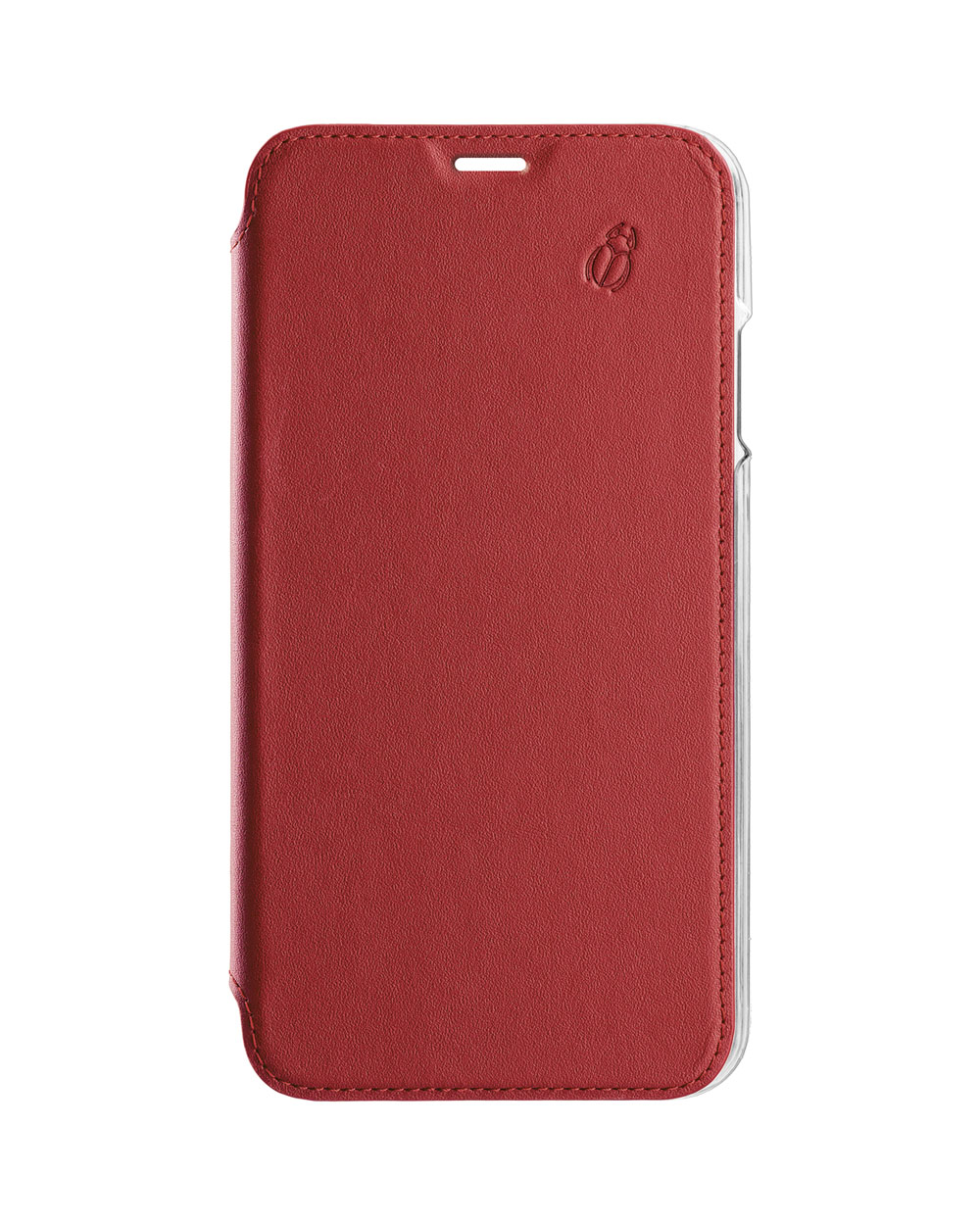 Custodia rossa per telefono con un piccolo logo. Sfondo bianco.