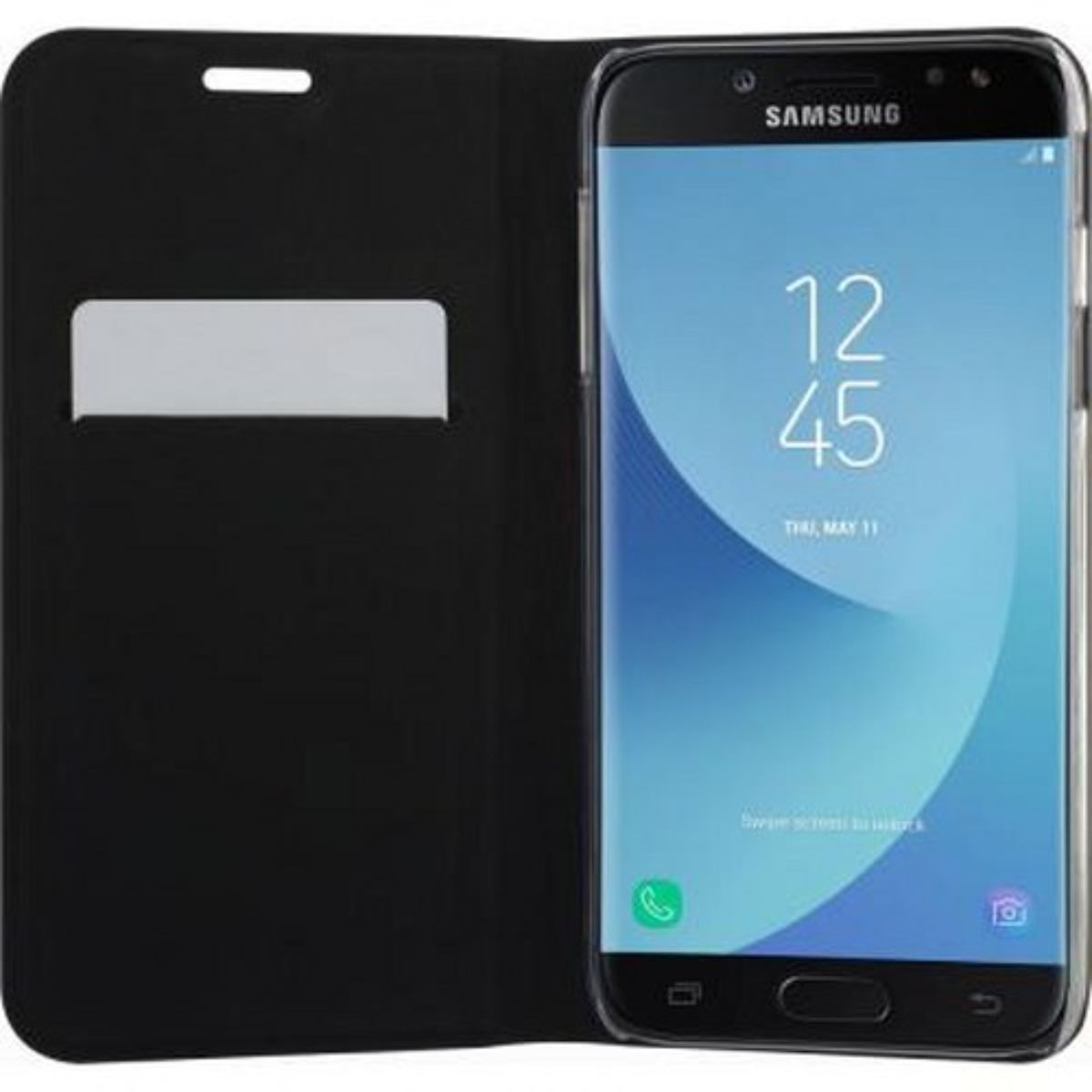 Un telefono Samsung all'interno di una custodia nera. Lo schermo visualizza l'ora e la data. La custodia è aperta.
