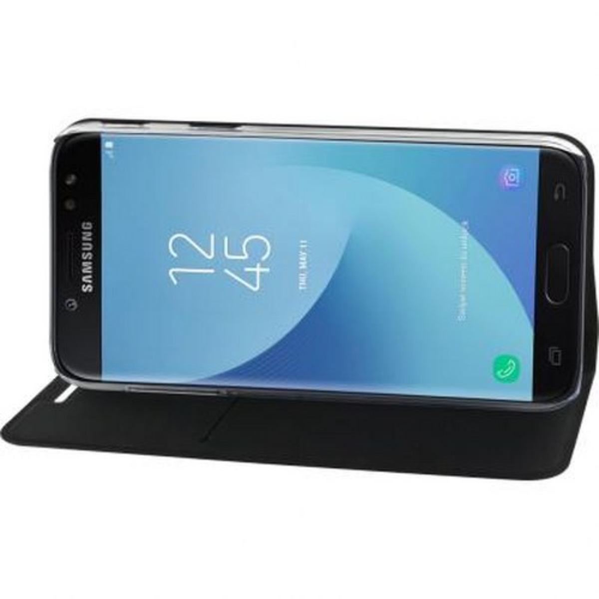 Telefono Samsung in custodia nera. Lo schermo mostra l'ora.