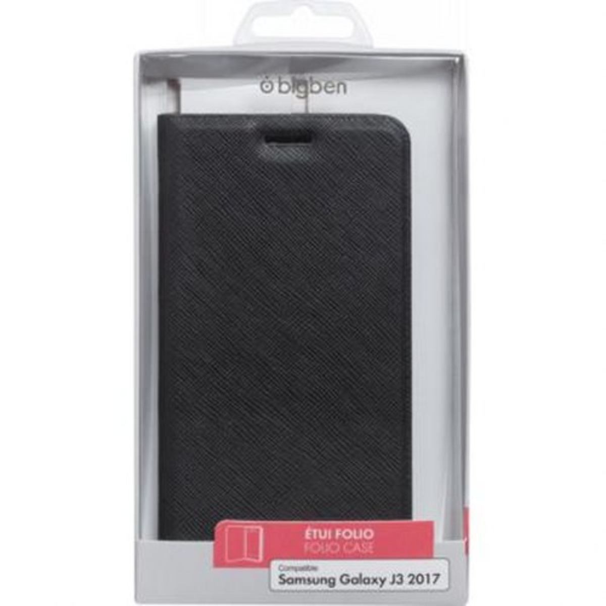 Custodia per telefono nera in una scatola di plastica, con il testo 'ETUI FOLIO CASE' e 'Samsung Galaxy J3 2017'.