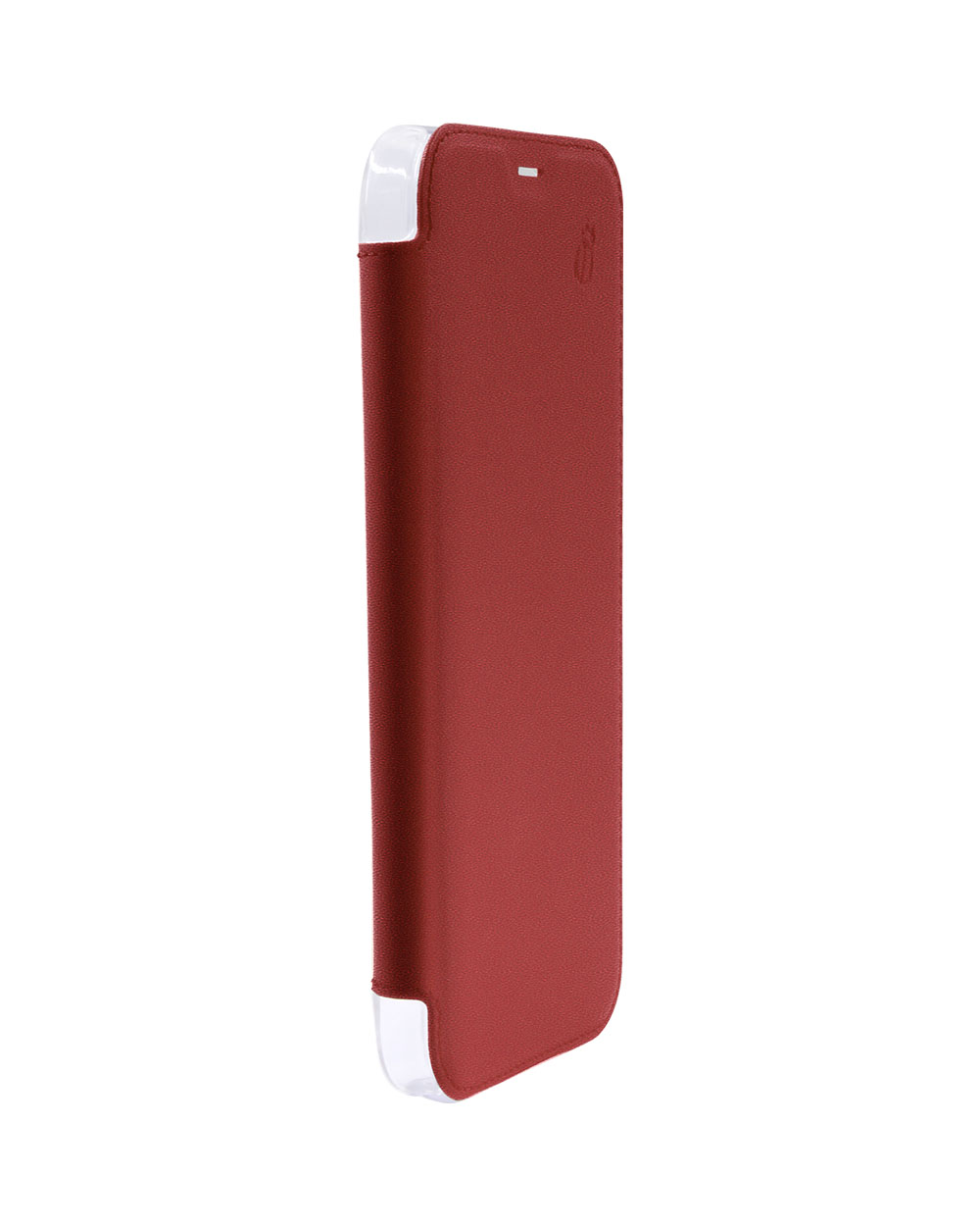 Custodia per telefono rossa, materiale simile alla pelle, con un piccolo logo sul davanti.