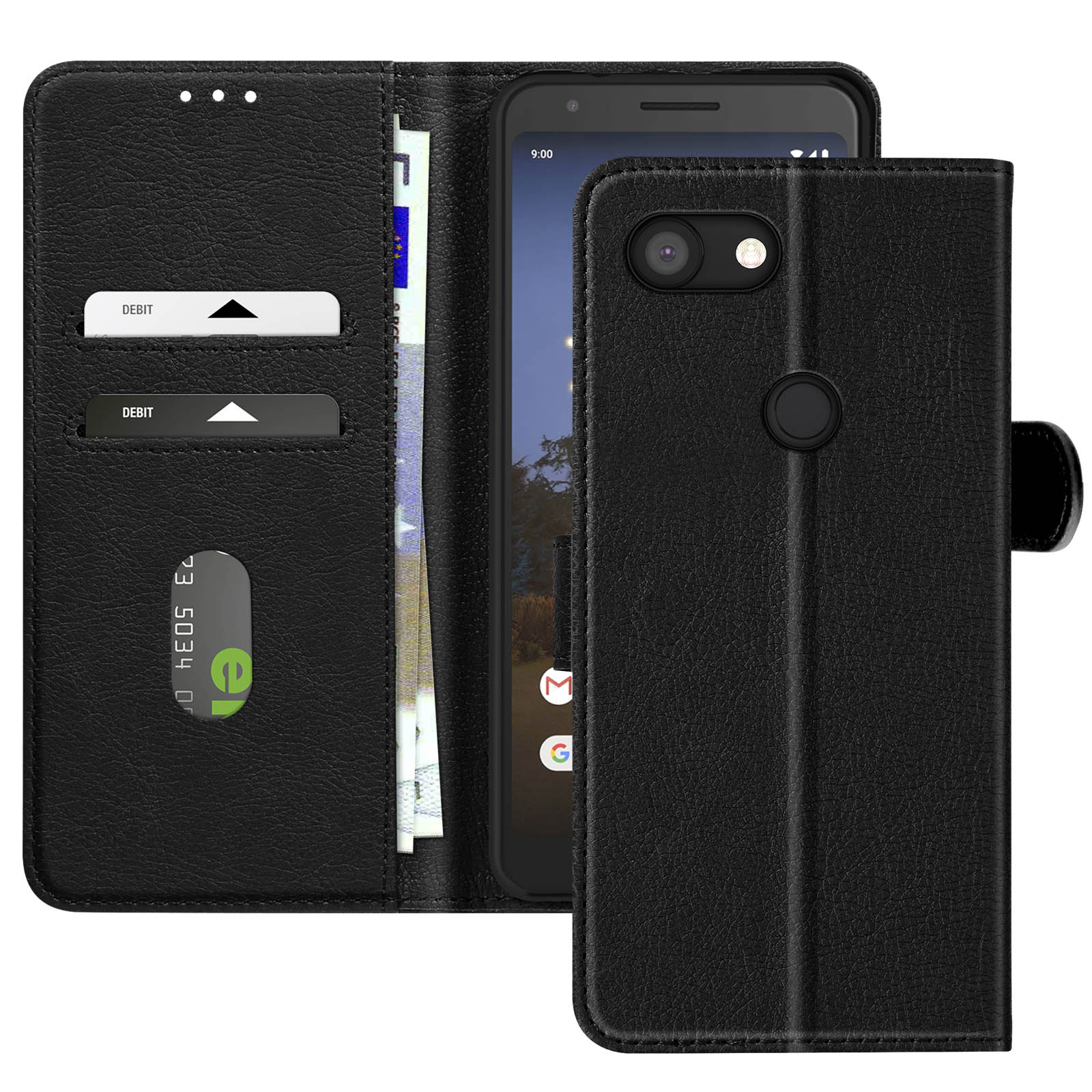 Una custodia per telefono nera, aperta, con un telefono all'interno. Ci sono slot per carte.