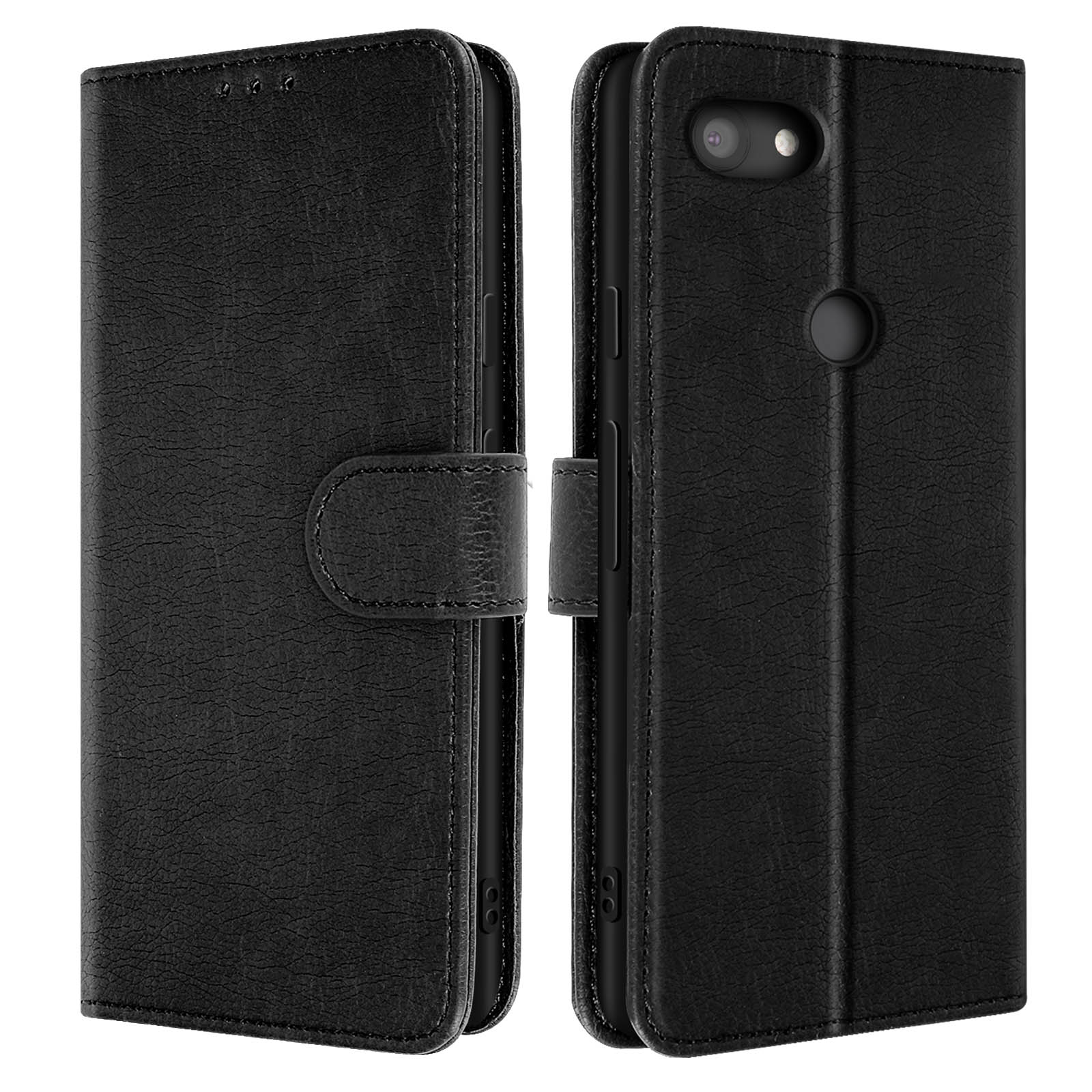Custodia nera per telefono con telefono all'interno, la custodia è aperta. Il telefono ha una fotocamera rotonda.