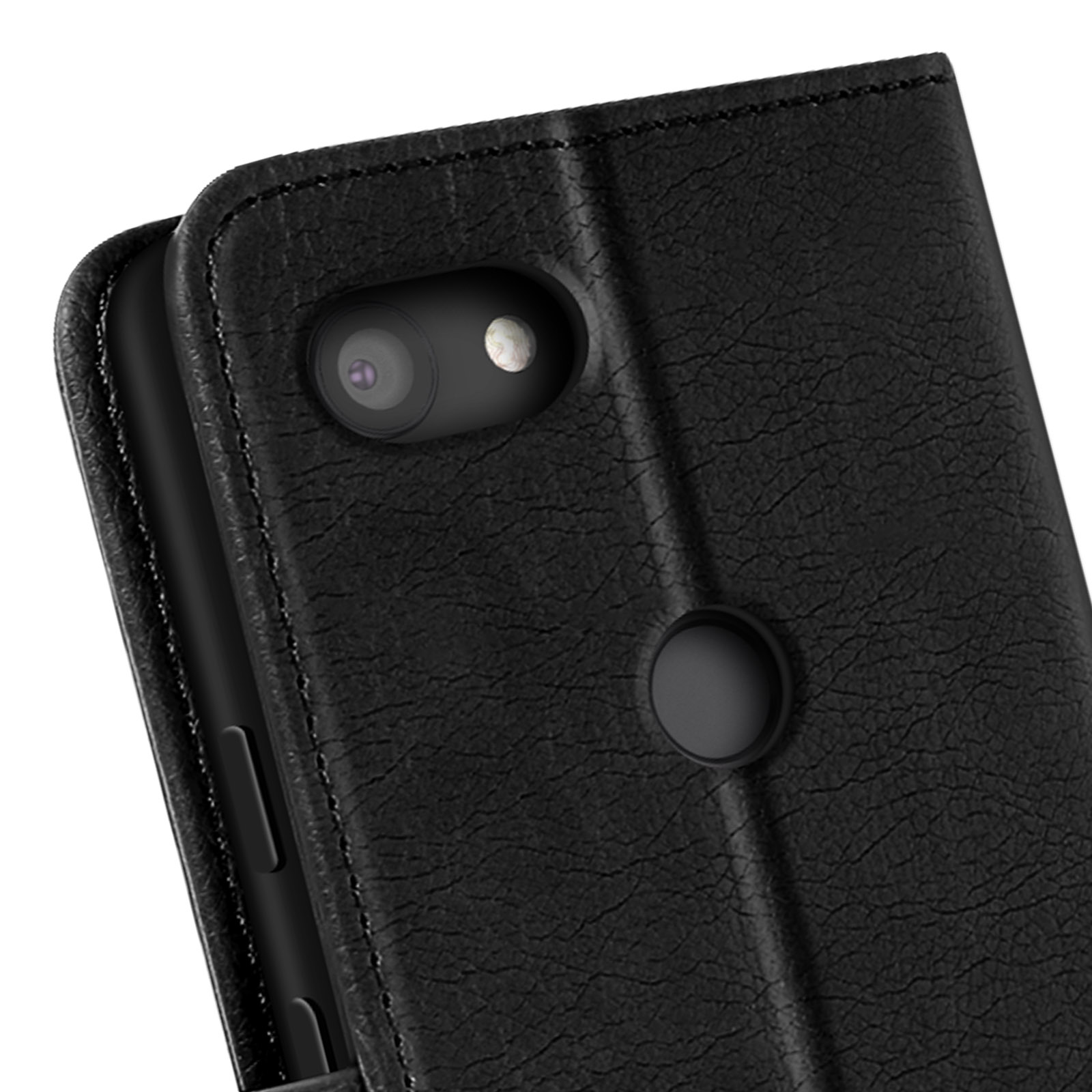 Custodia per telefono in pelle nera con obiettivo della fotocamera e pulsante rotondo. La custodia è aperta.