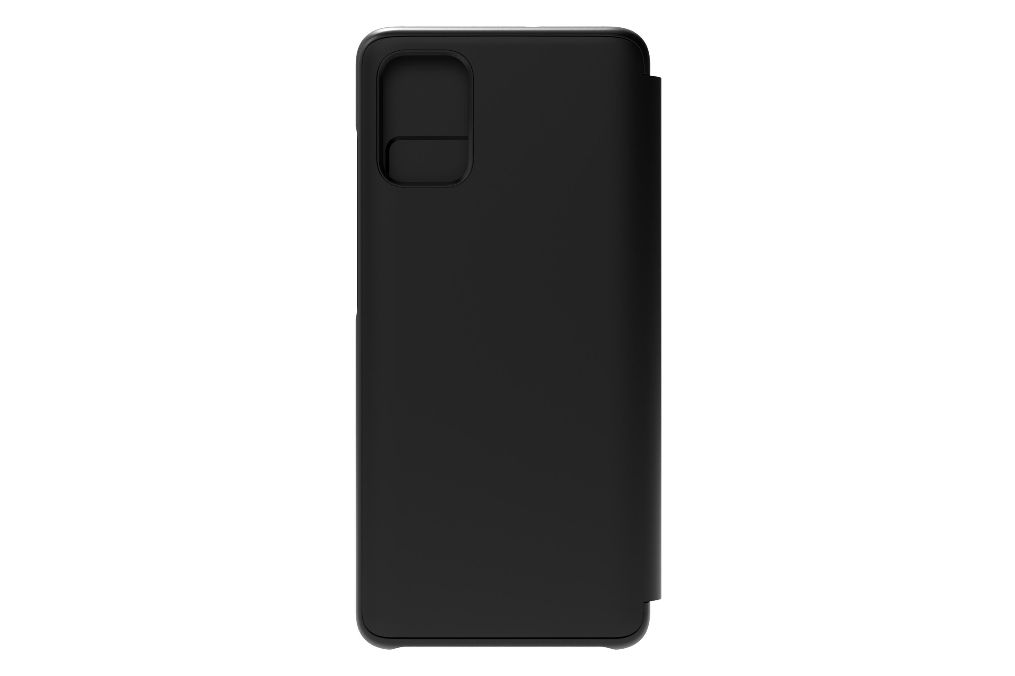 Una custodia per telefono nera con ritaglio per fotocamera, sfondo bianco.