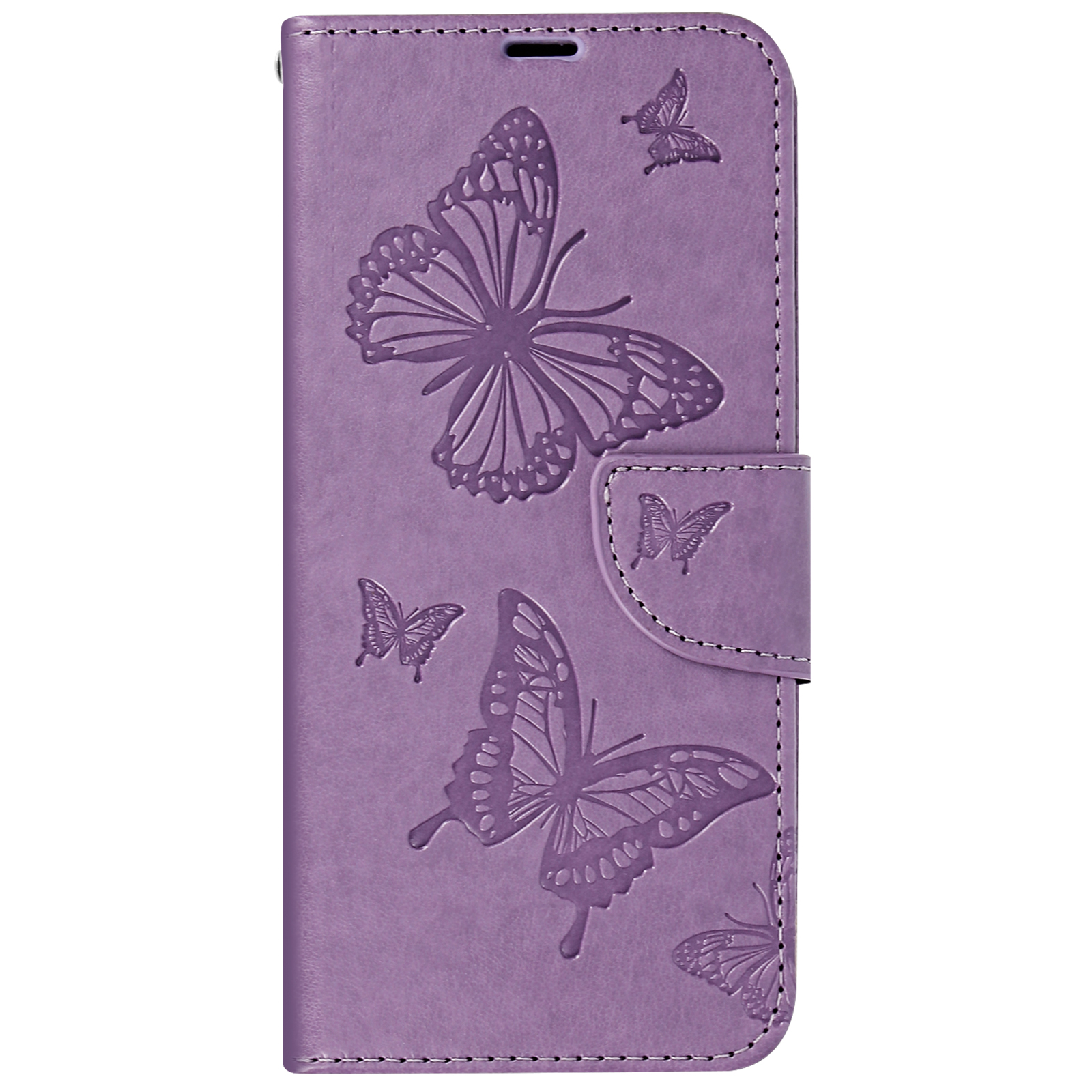 Custodia per telefono viola con farfalle. La custodia è chiusa. Sfondo bianco.
