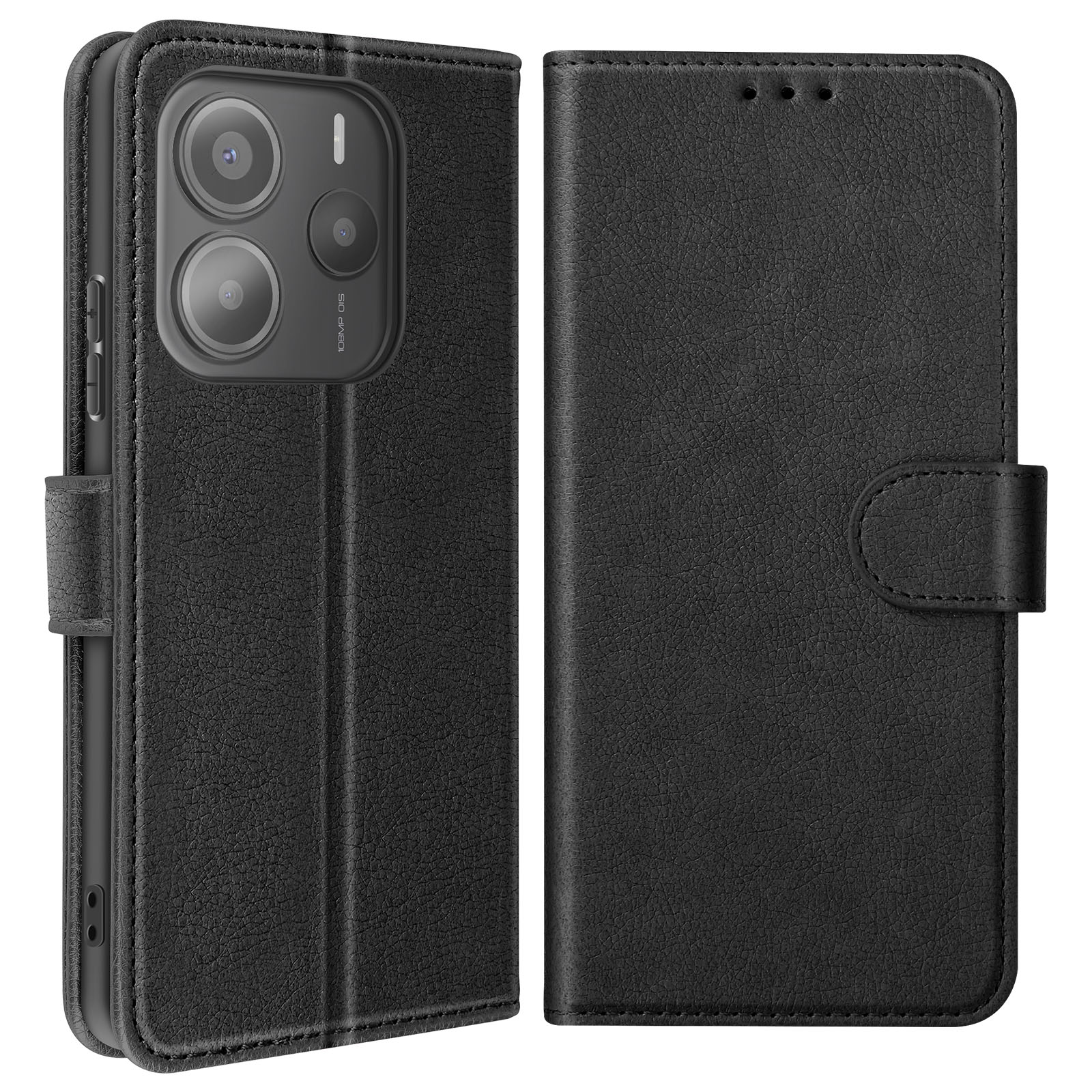 Custodia per telefono nera con design a portafoglio. Ha un ritaglio per la fotocamera e una chiusura magnetica.