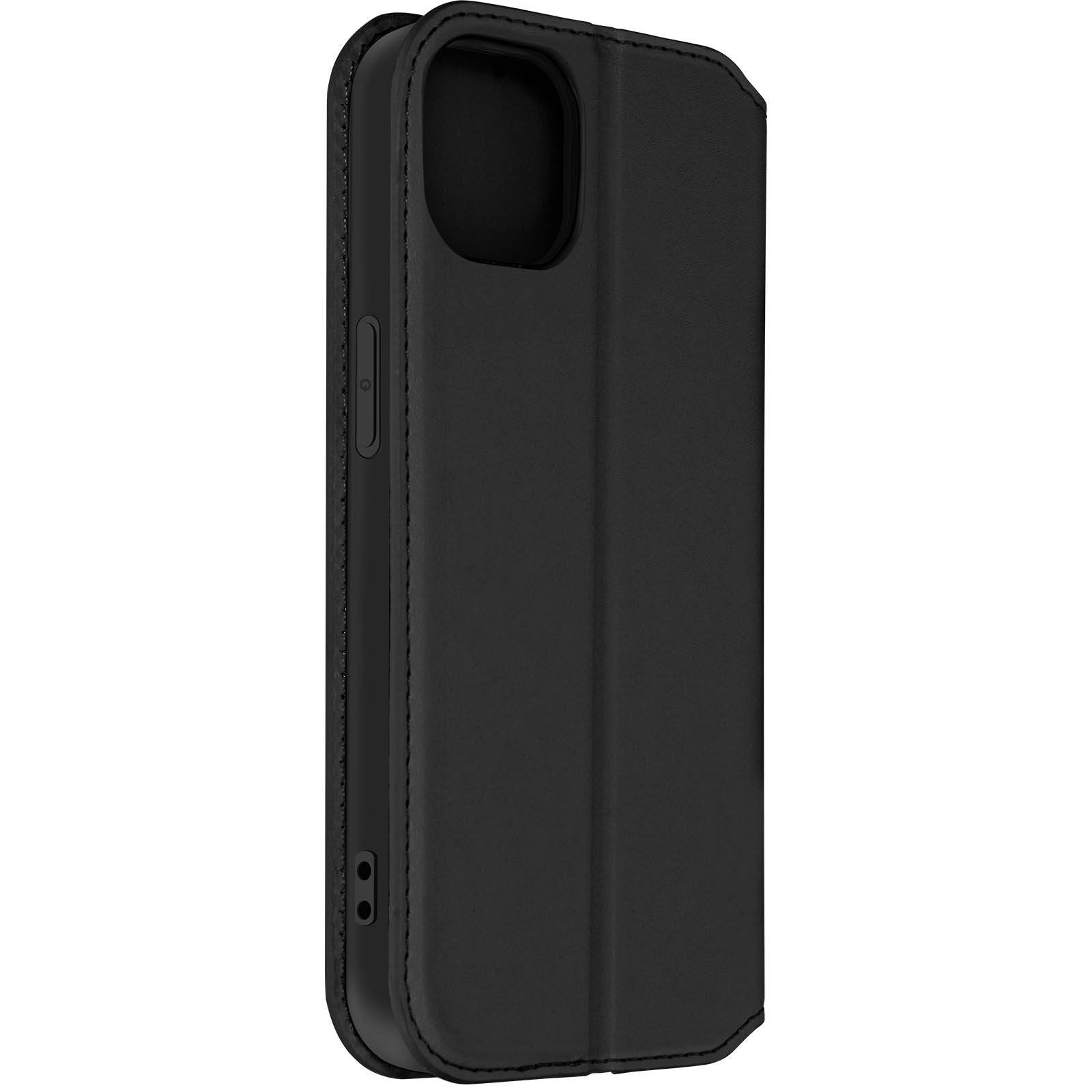 Custodia nera per telefono, aperta, che mostra il telefono e l'intaglio della fotocamera.