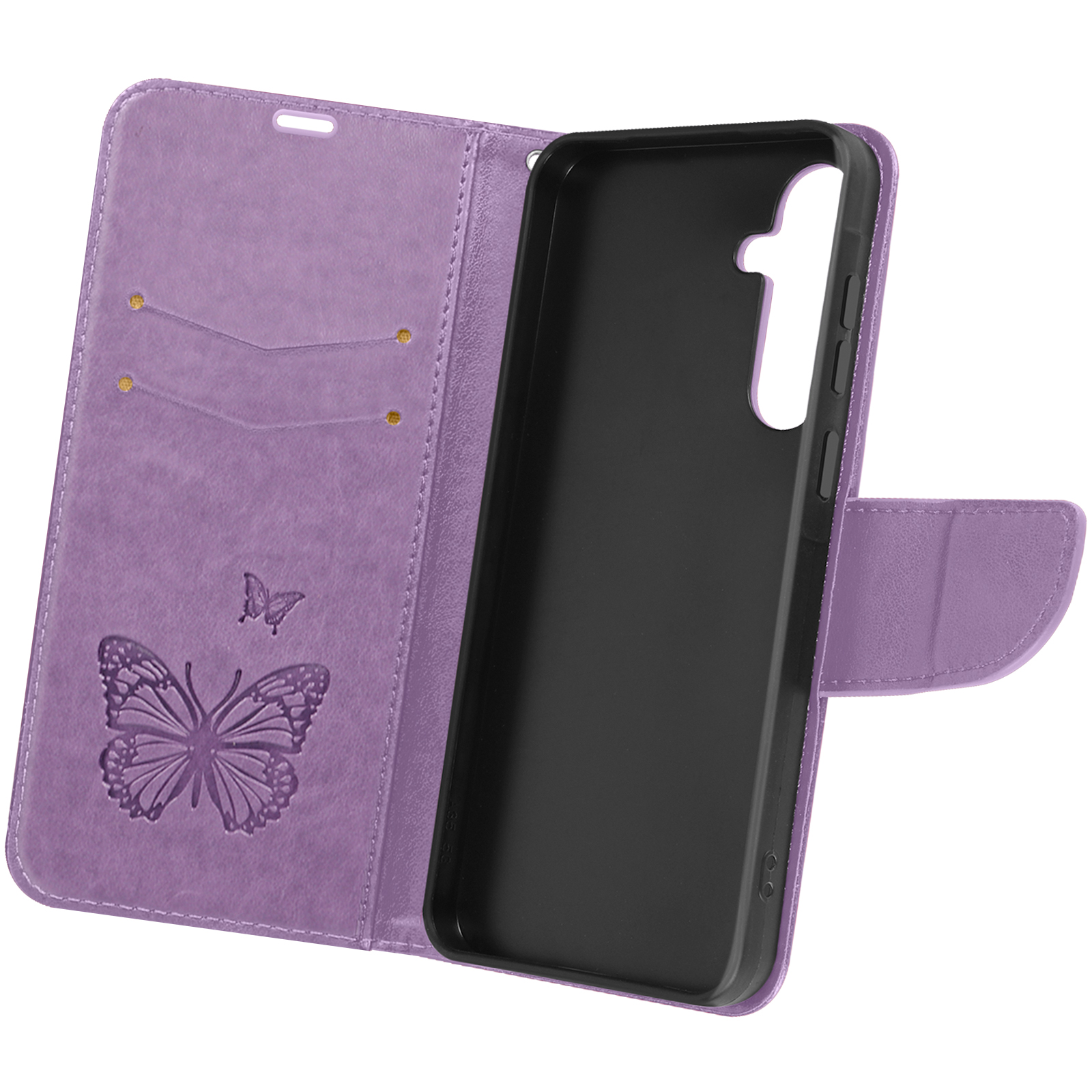 Custodia per telefono viola, aperta, con design a farfalla. Interno con fessure per carte. Telefono nero all'interno.