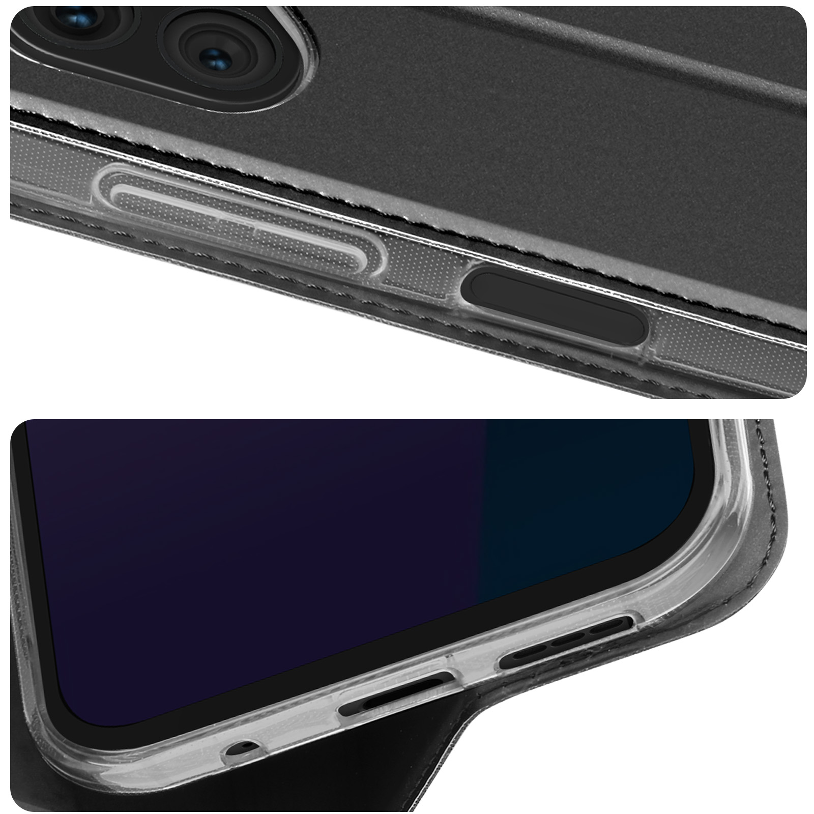 Primo piano dei dettagli della custodia del telefono. Pulsanti e bordi del telefono visibili.