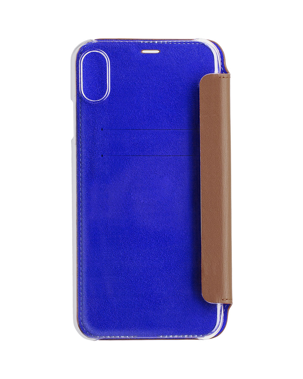 Custodia blu con lato marrone. All'interno ci sono fessure per carte.