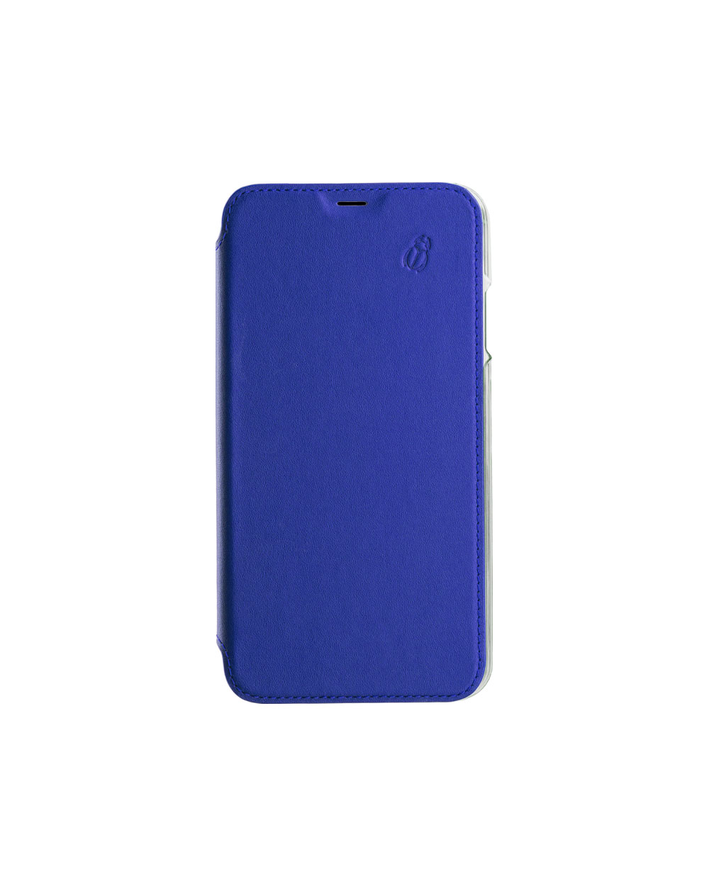 Custodia blu per telefono. Design minimalista. Sfondo bianco.