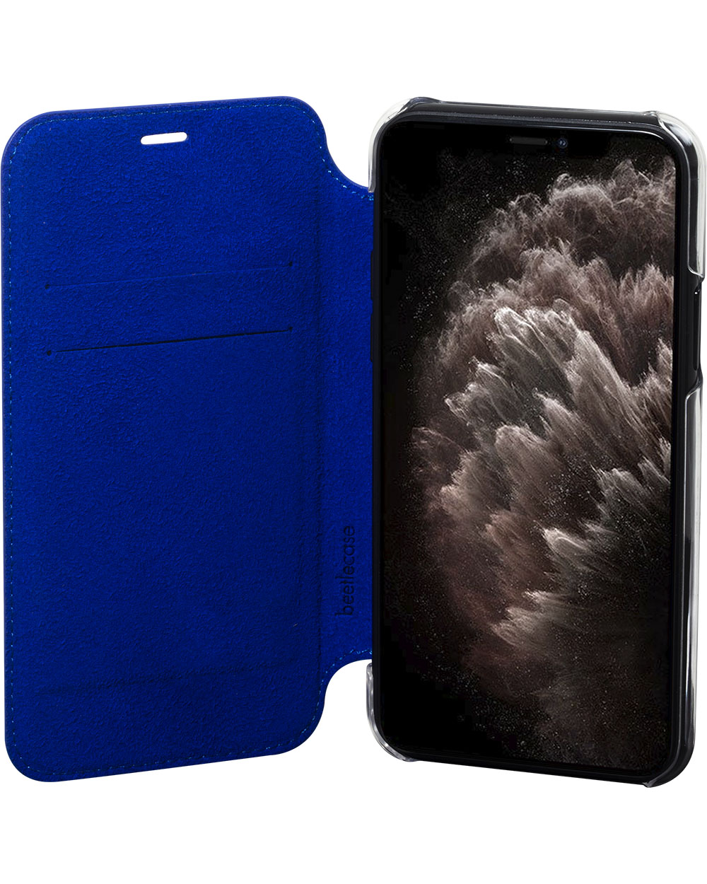 Custodia blu per telefono, aperta, con un telefono all'interno. La custodia è in stile a libro con interno azzurro.