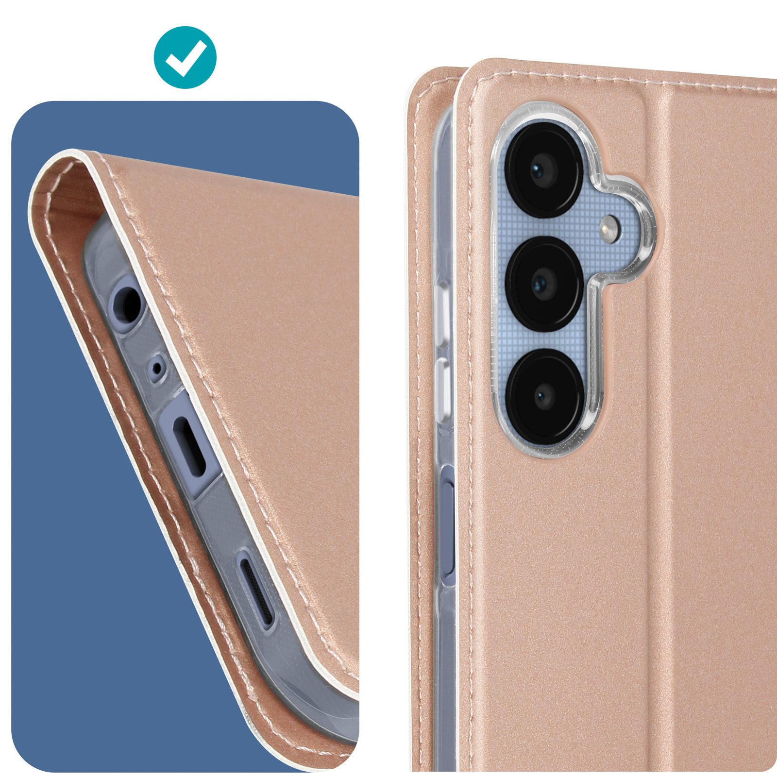 Gros plan sur l'étui du téléphone montrant les ports et la caméra. Couleur rosée, coutures blanches. Coche.