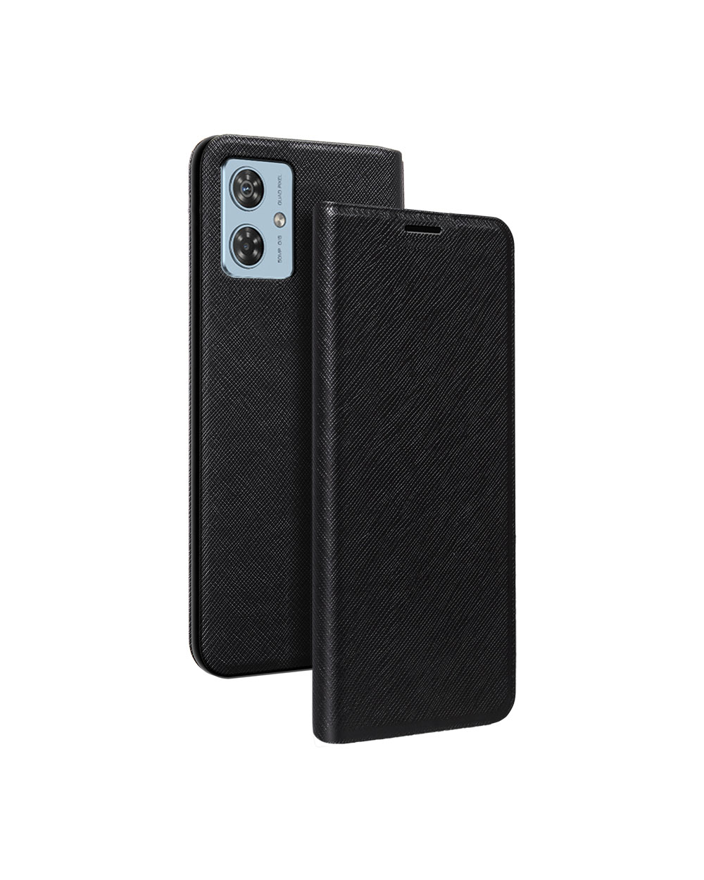 Schwarze Handyhülle mit Telefon und Kamera. Weißer Hintergrund.
