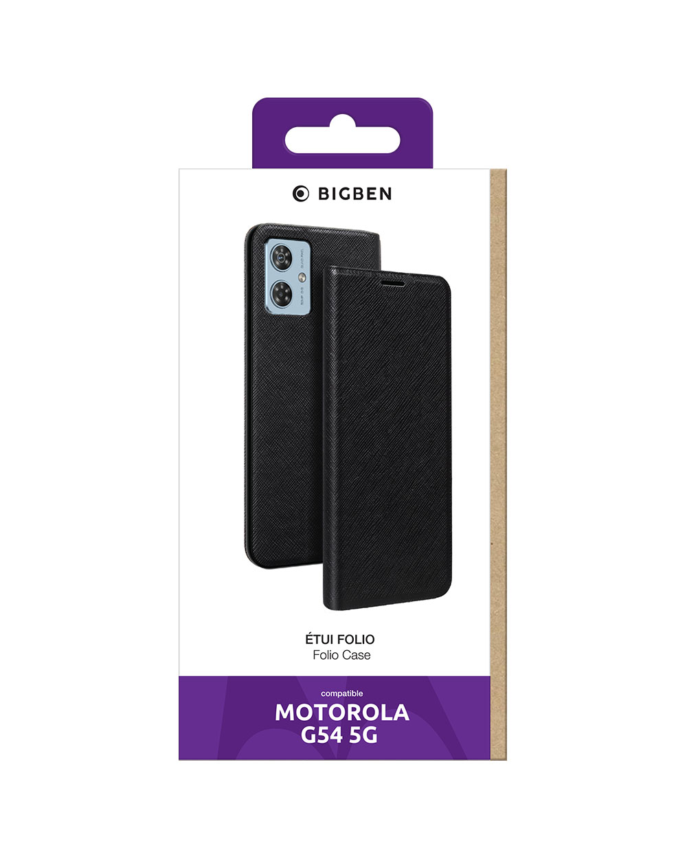 Telefonkasten. Schwarze Hülle, kompatibel mit Motorola G54 5G. Weißer Hintergrund.