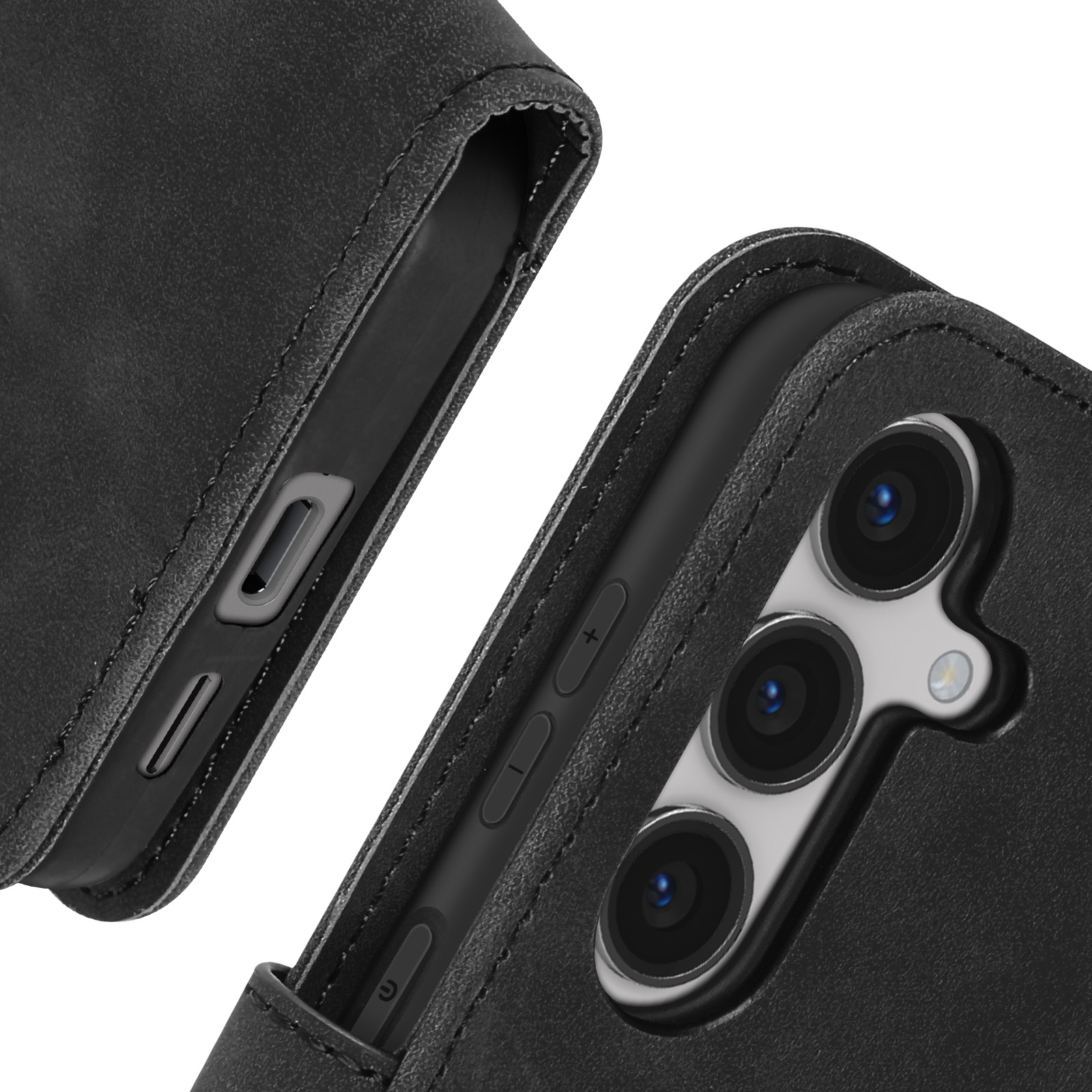 Primo piano di una custodia nera, che mostra lenti della fotocamera e pulsanti.