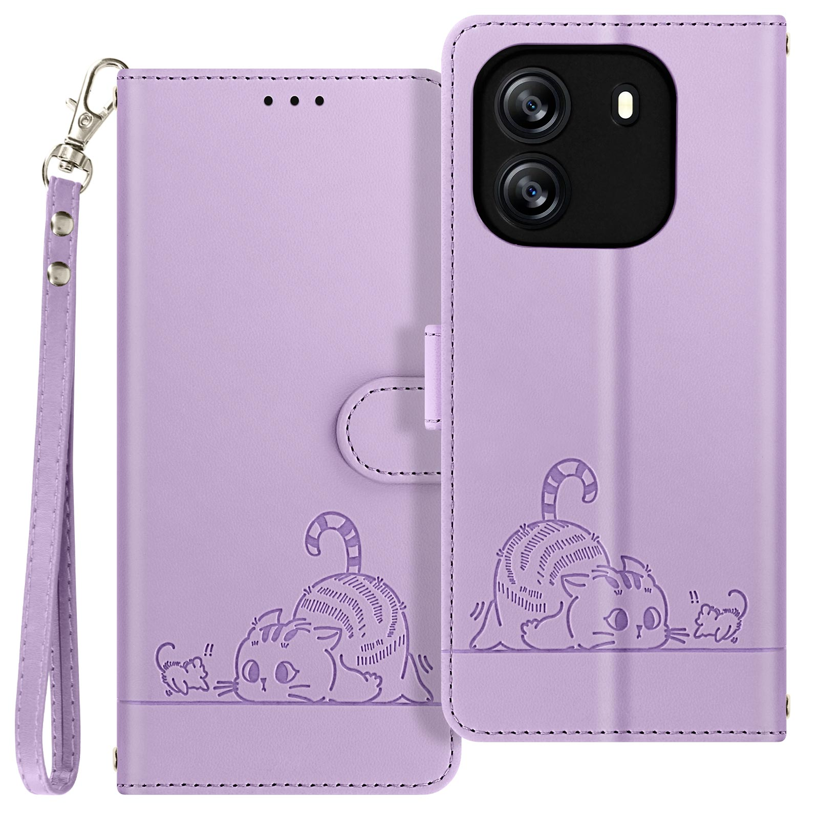Geöffnete lila Handyhülle mit Katzendesign.