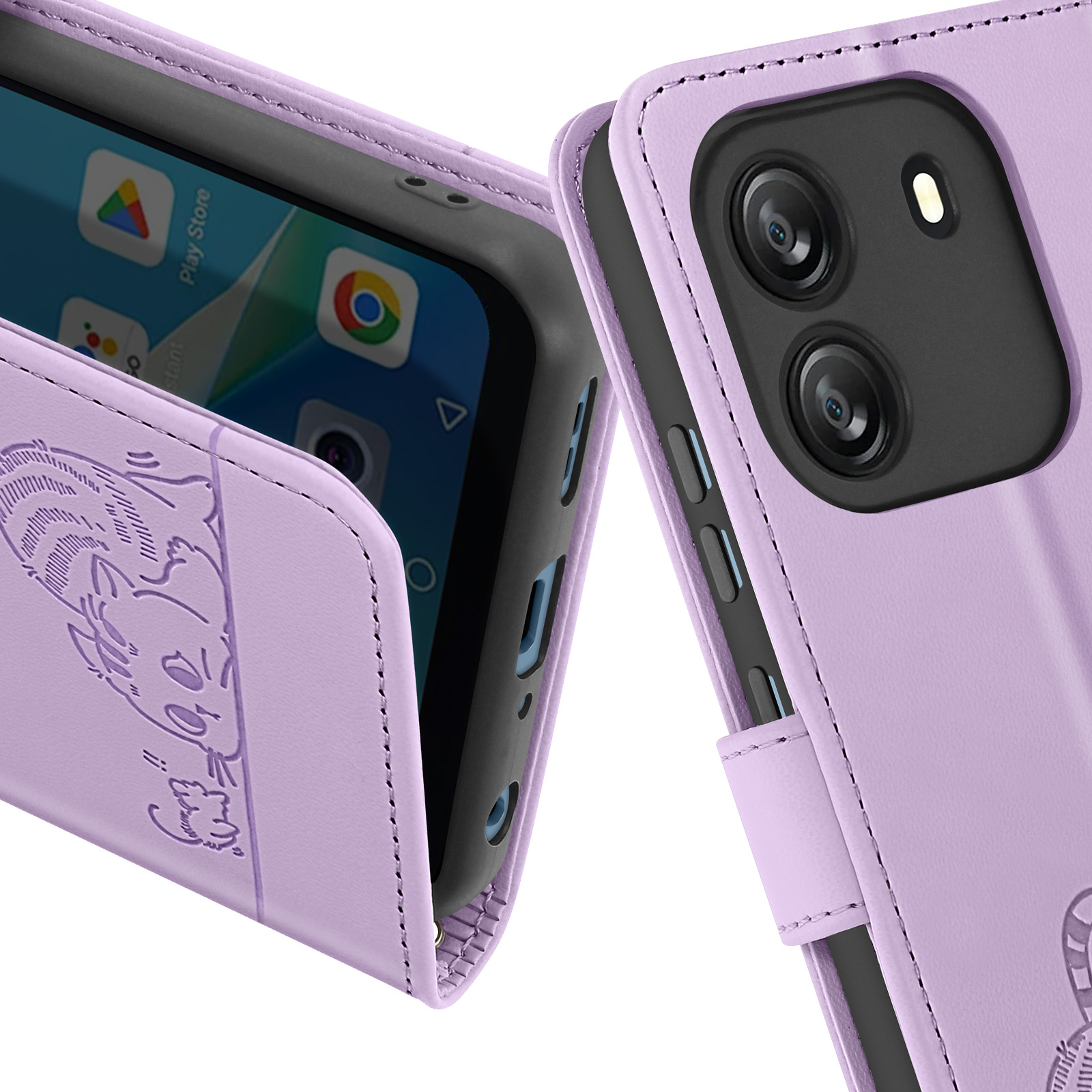 Lila Handyhülle mit Telefon, Kameras und Cartoon-Eichhörnchen.