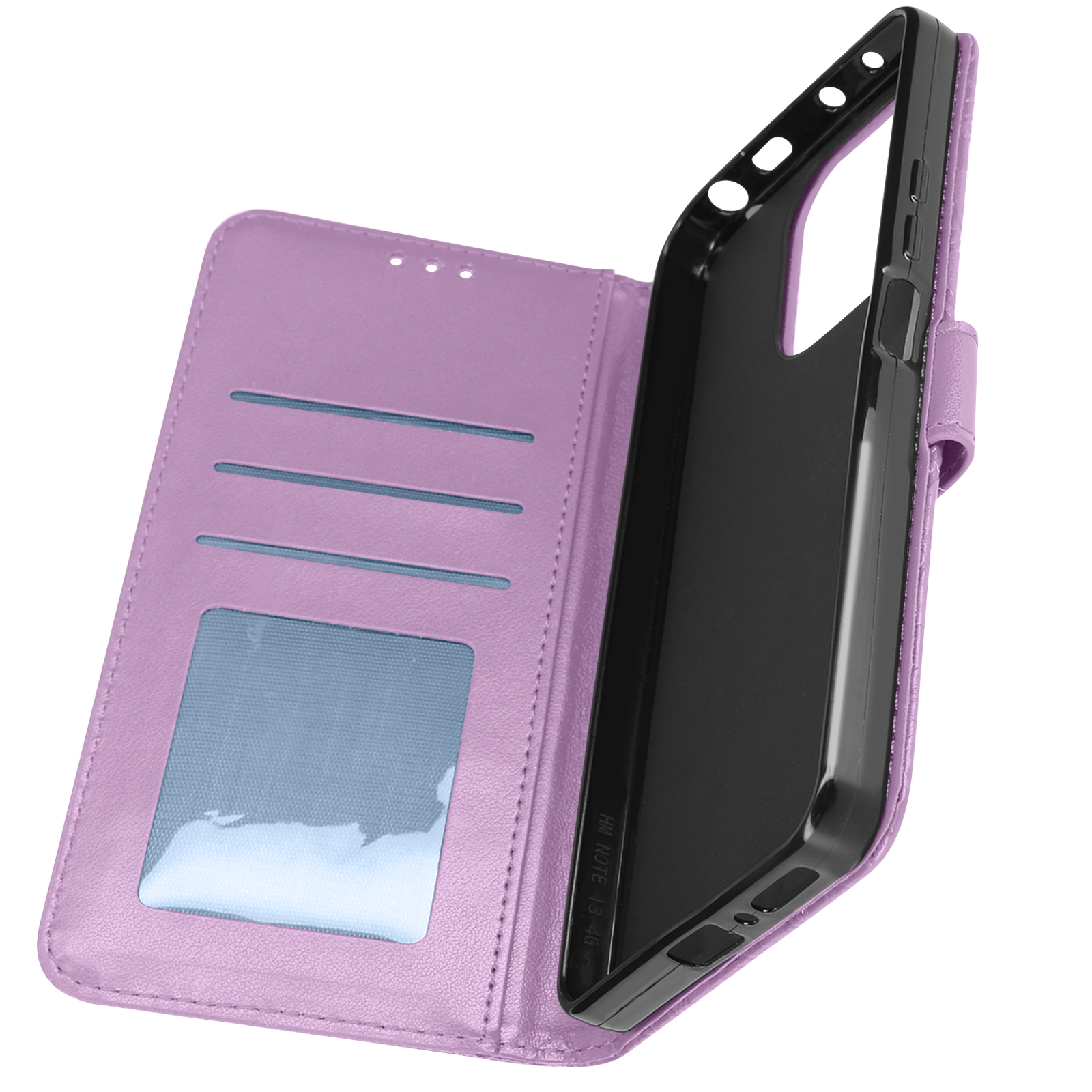 Custodia per telefono viola aperta con scomparti per carte e telefono all'interno. Finestra in plastica trasparente.