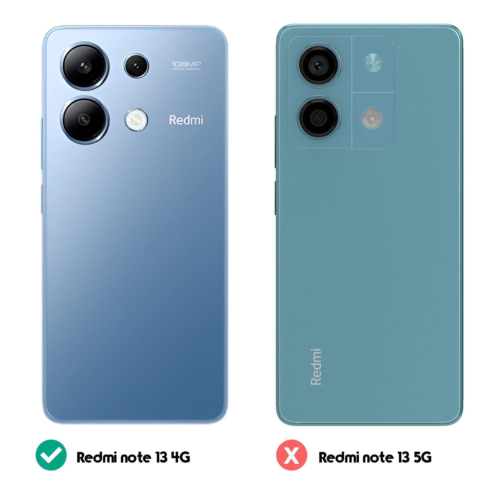 Confronto tra due telefoni. Redmi Note 13 4G (segno di spunta), Redmi Note 13 5G (X).