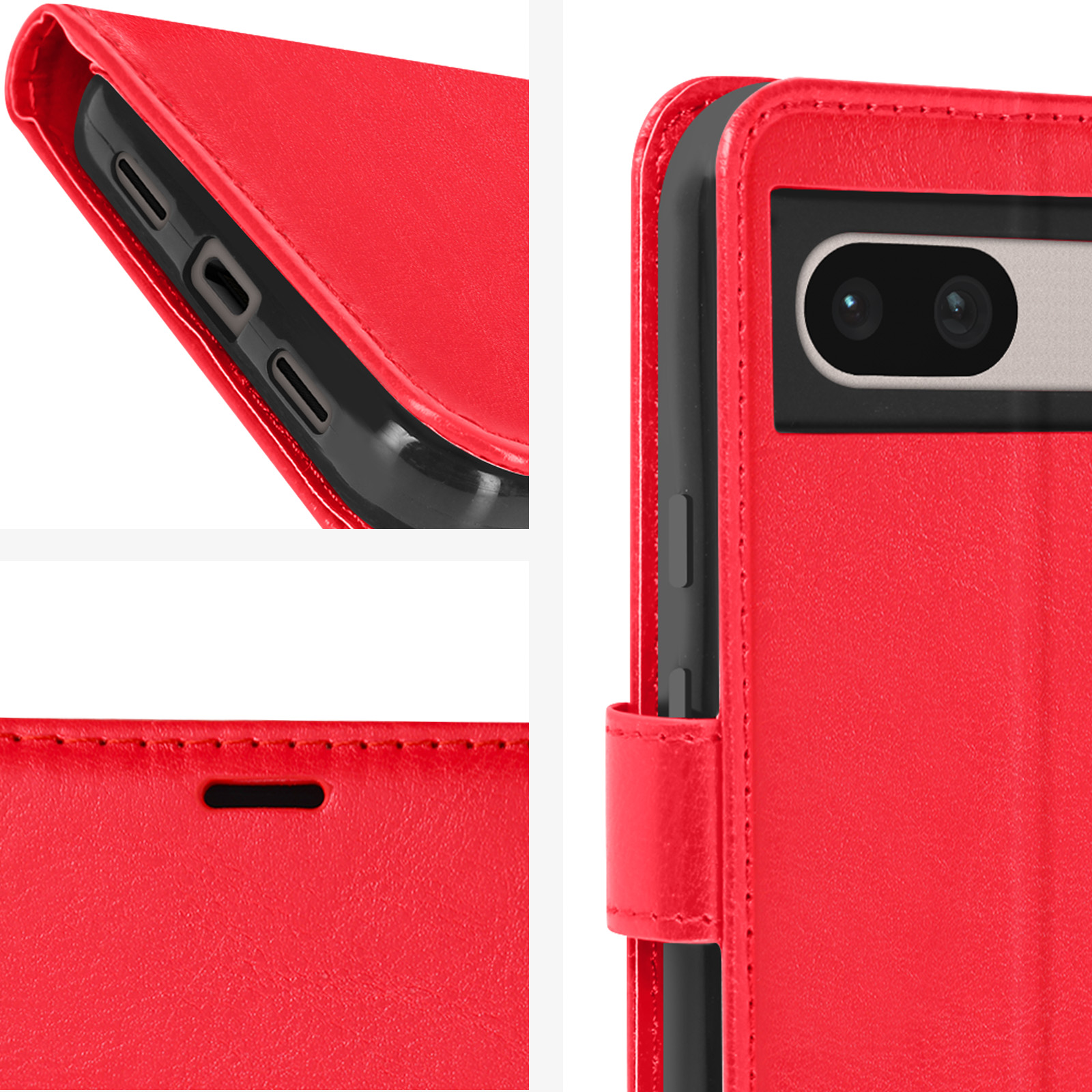 Custodia rossa per telefono con fotocamera e viste laterali. La custodia è aperta e mostra i dettagli.