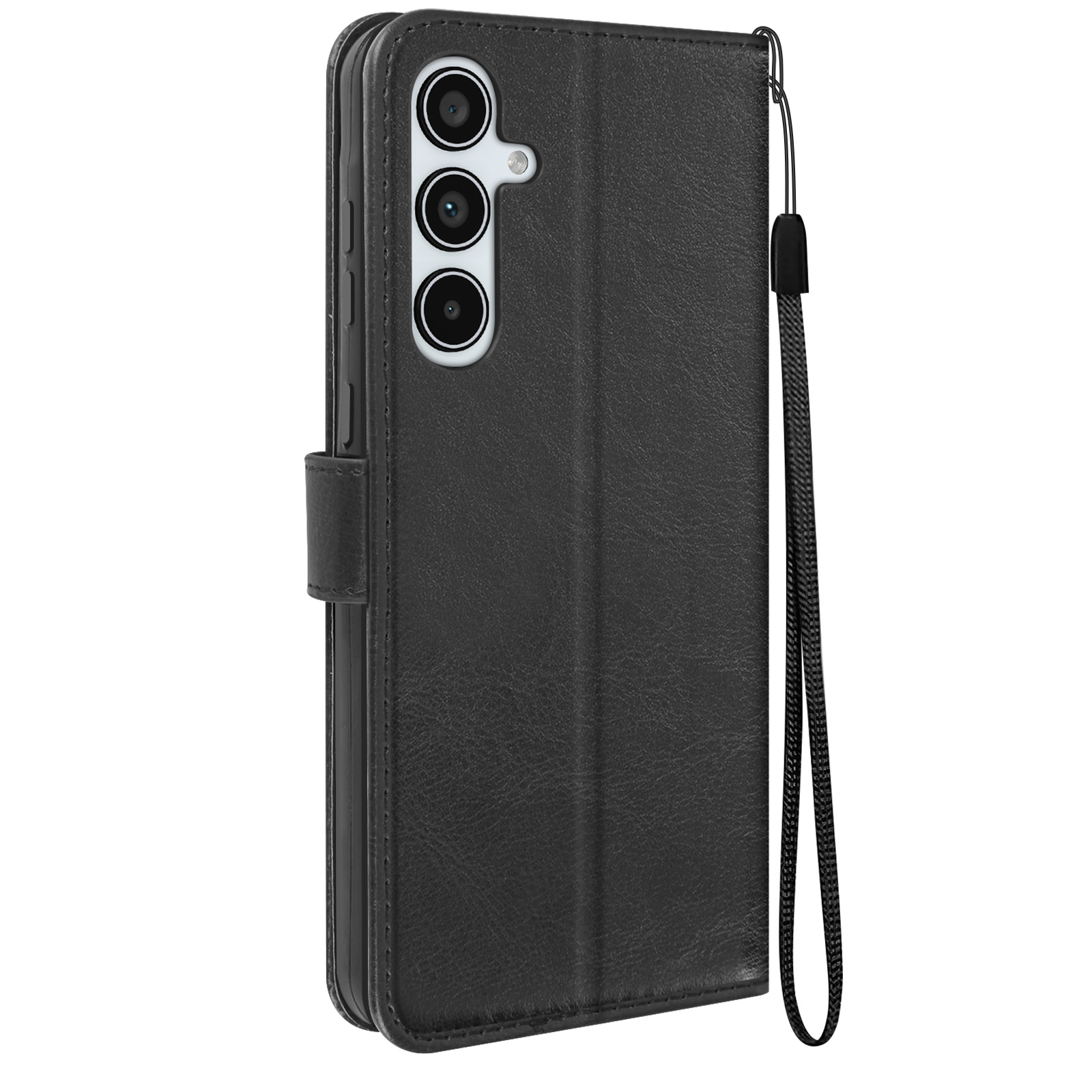 Custodia per telefono nera, chiusa. Obiettivo a tripla fotocamera visibile sul retro. Un cinturino da polso è attaccato.